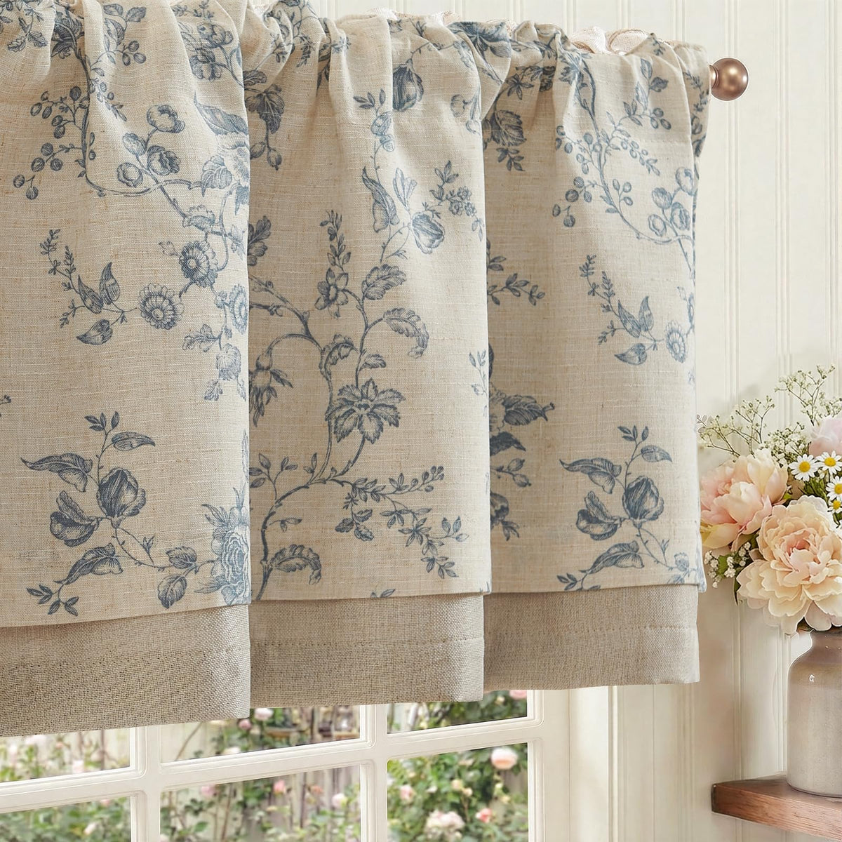 jinchan Amlie Floral Linen Valance Curtain Farmhouse 1 Panel 16 Inch Green