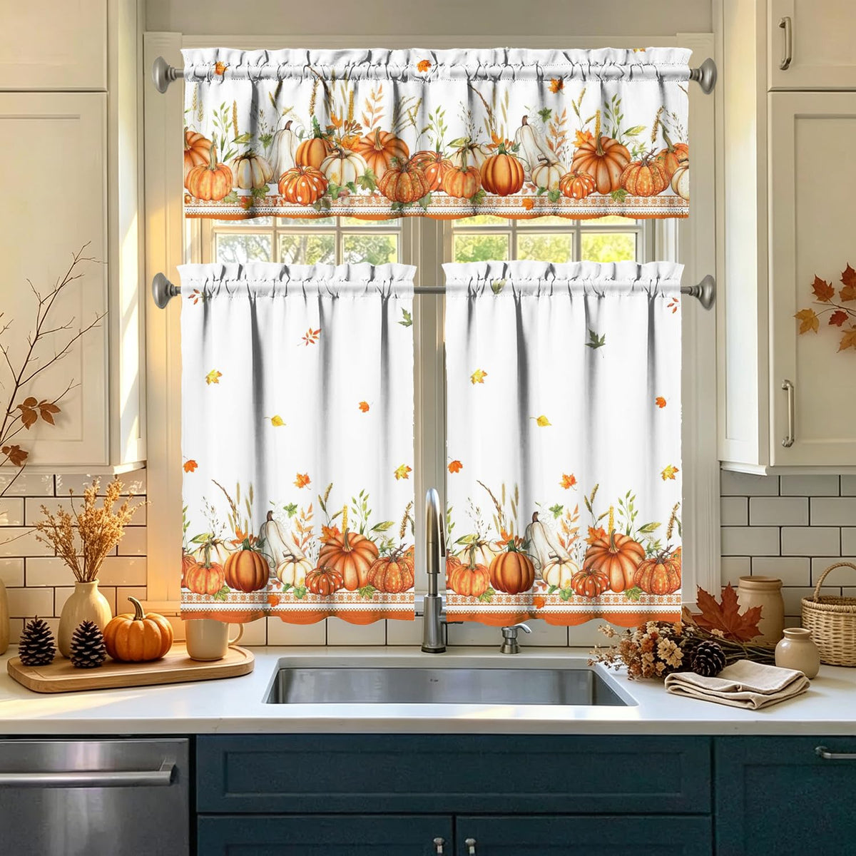 Sage Kitchen Curtain Valance 3 Piece Set, Sage Leaf Floral Kitchen Decor for Home Interior, Farmhouse Style Sink Window Curtains 36 Inch