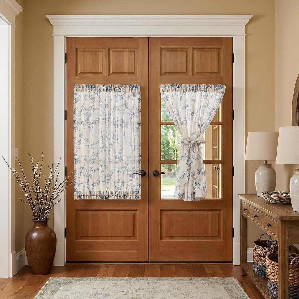 jinchan Blue Linen Floral French Door Curtain 40 Inch Rod Pocket 1 Panel