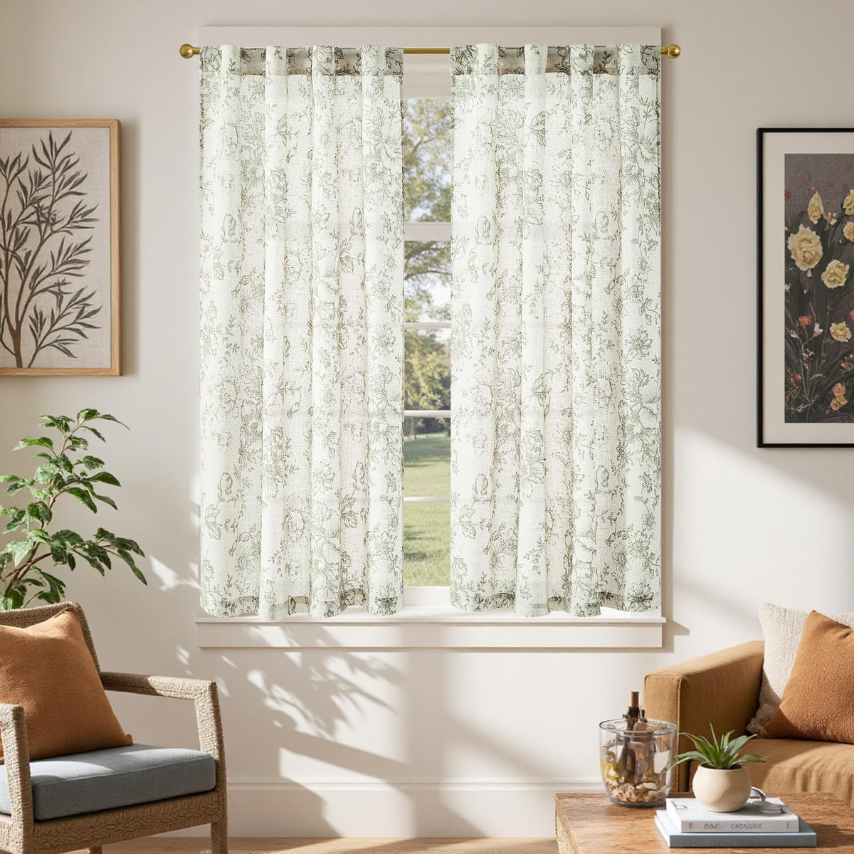 jinchan Hattie Floral Linen Kitchen Tier Curtains Beige 30 in 2 Panels