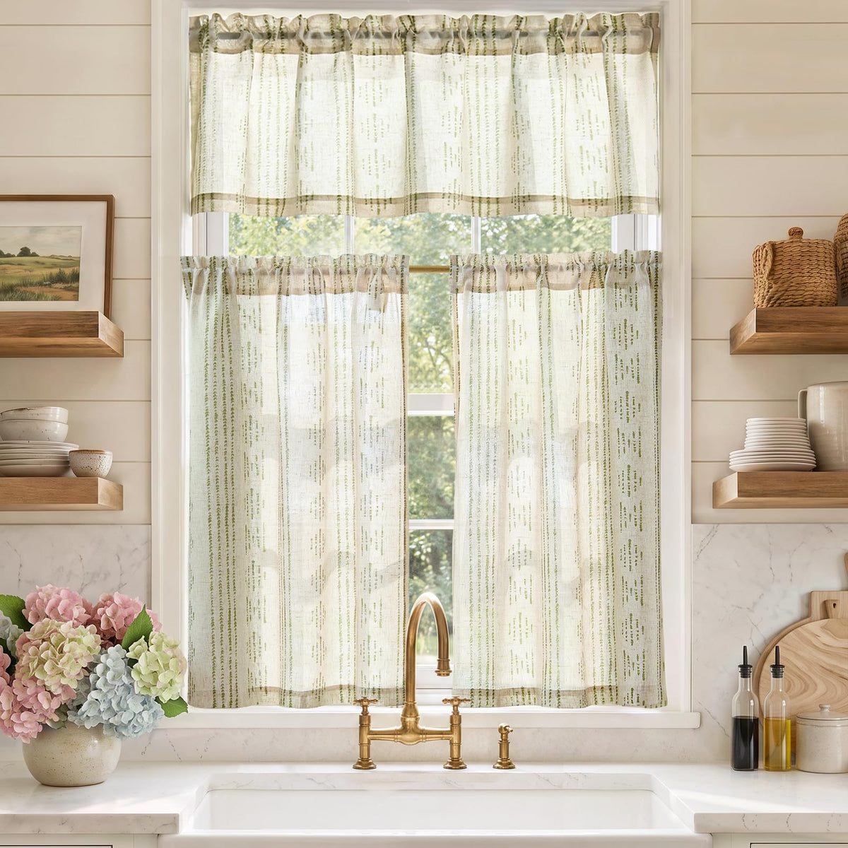 jinchan Sage Green Linen Kitchen Curtains and Valance Set Rod Pocket