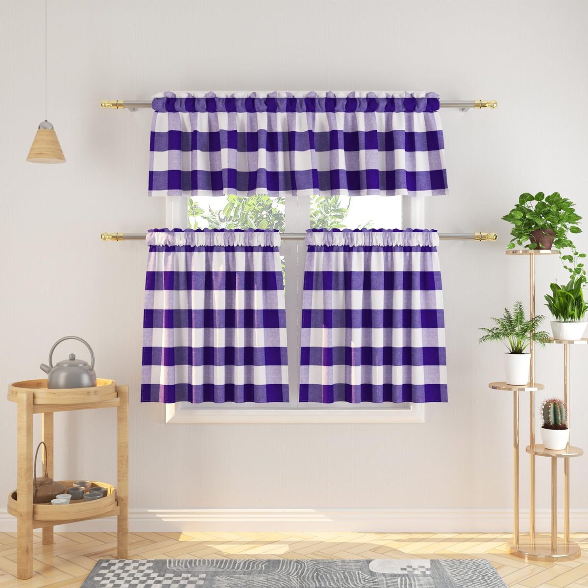 3 Pieces Tier Curtains and Valance Set Buffalo Check Kitchen Tiers Plaid Gingham Rod Pocket Classic Short Small Cafe Curtains Country Farmhouse Cafe Bathroom 54"x18"/27"x24" Brown & White