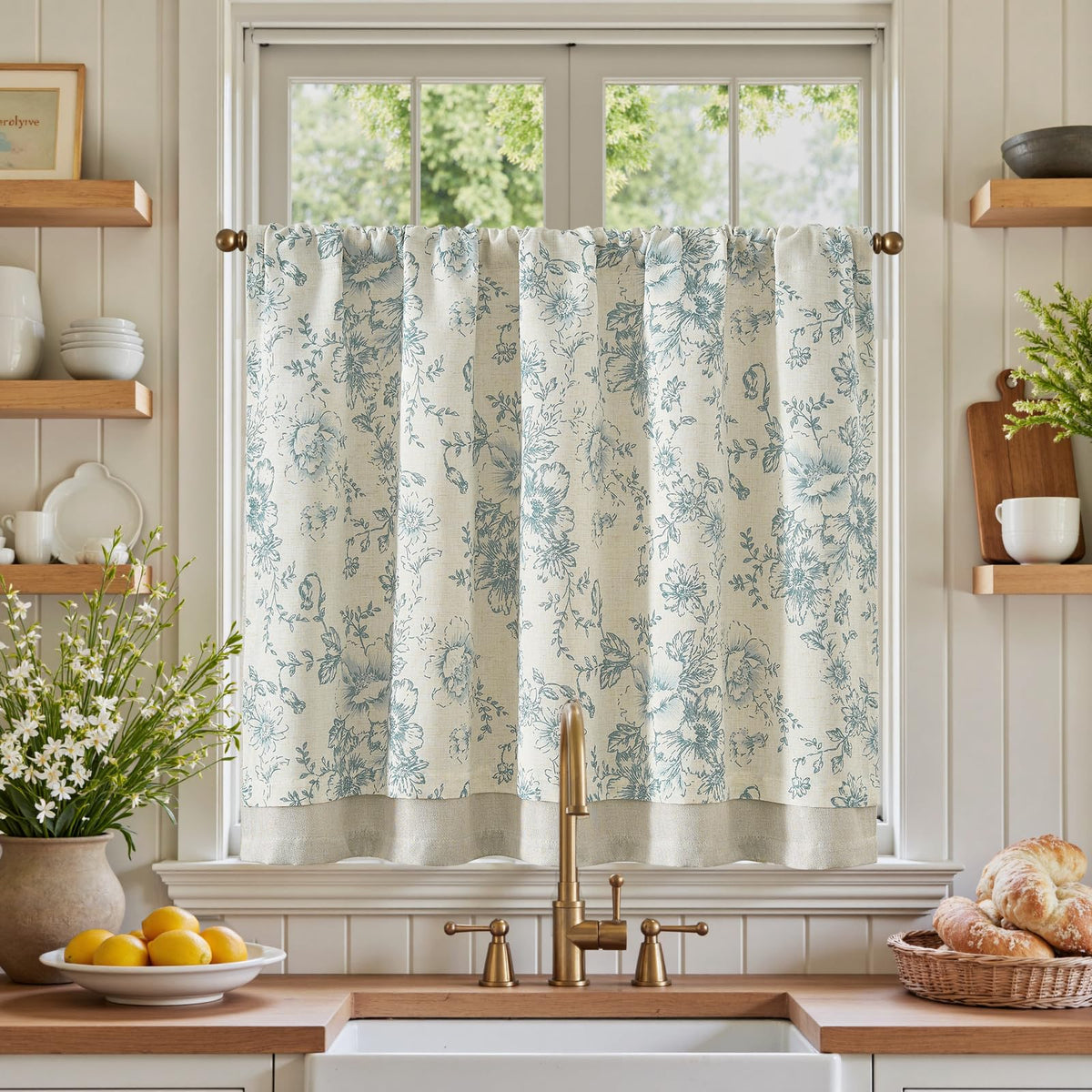 jinchan Hattie Floral Linen Kitchen Tier Curtains Beige 30 in 2 Panels