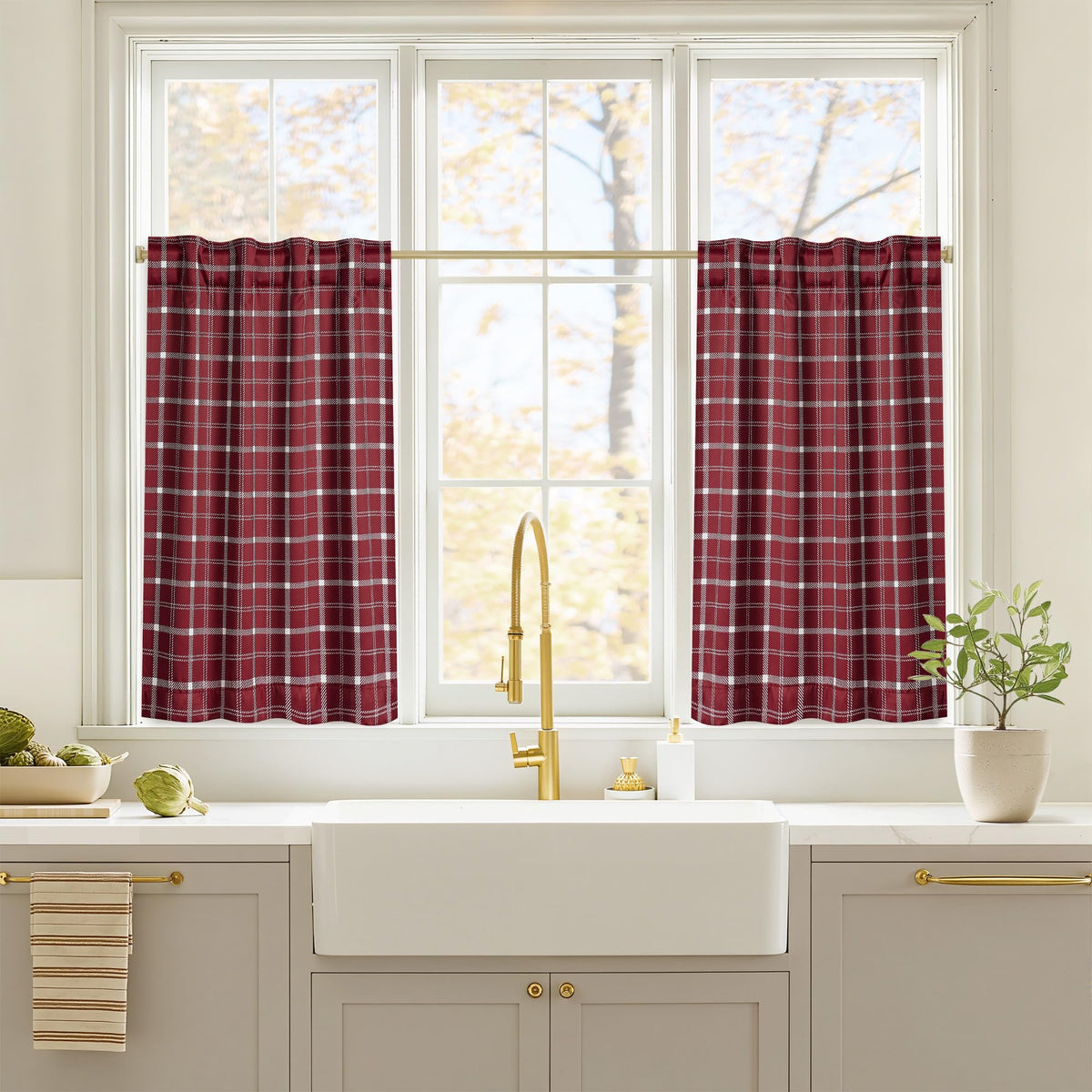 NICETOWN Olive Green Farmhouse Gingham Tiers Kitchen 100% Blackout Curtains