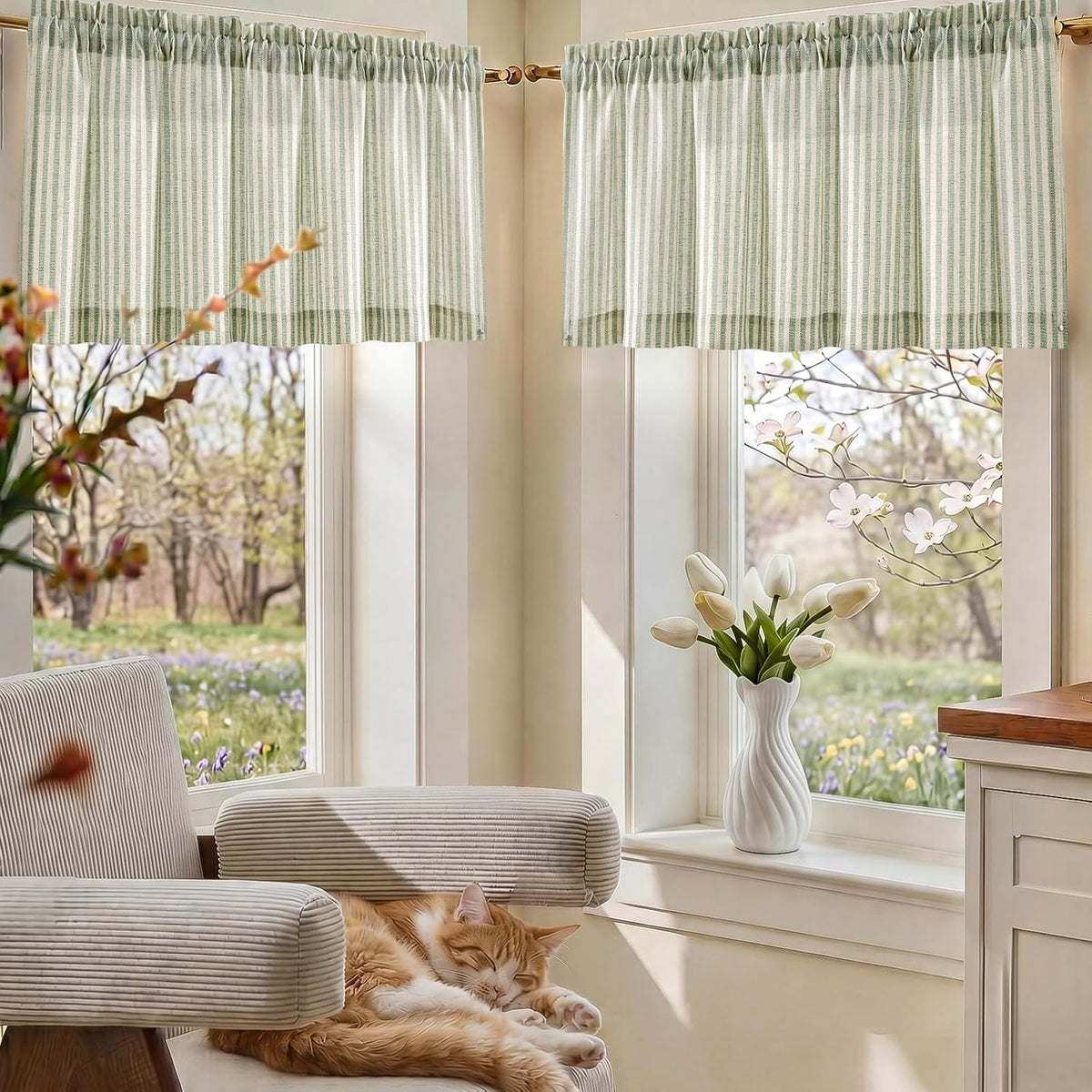 jinchan Linen Boxter Stripe Valances for Window 16 inch,Sage Green,1 Panel