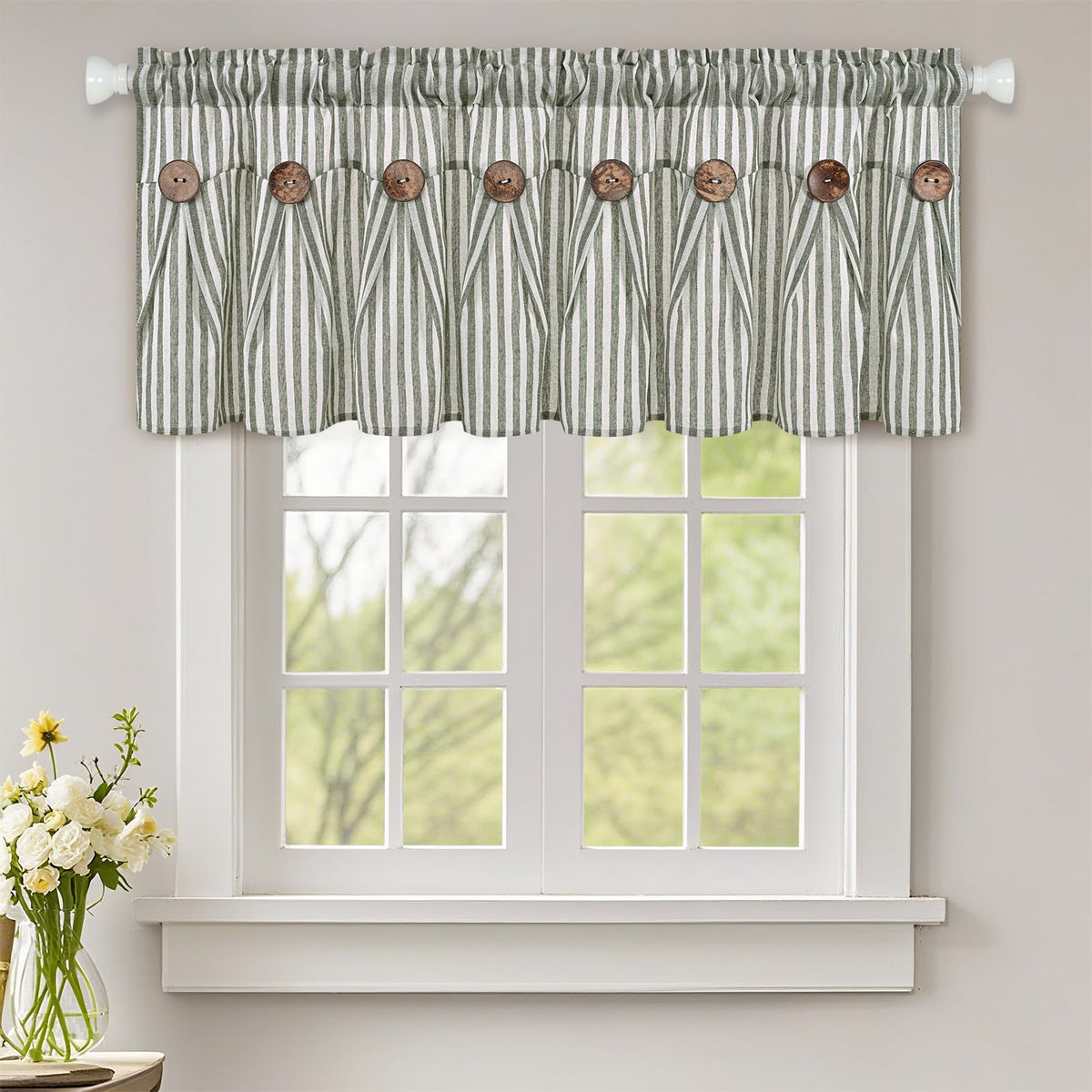 ASPMIZ Cotton Linen Kitchen Valance Curtains, Boho Rustic Button Linen Valances for Windows Farmhouse, Black with Grey Stripe Valance Window Topper Treatment Window Valances for Bathroom, 52 x 18 Inch