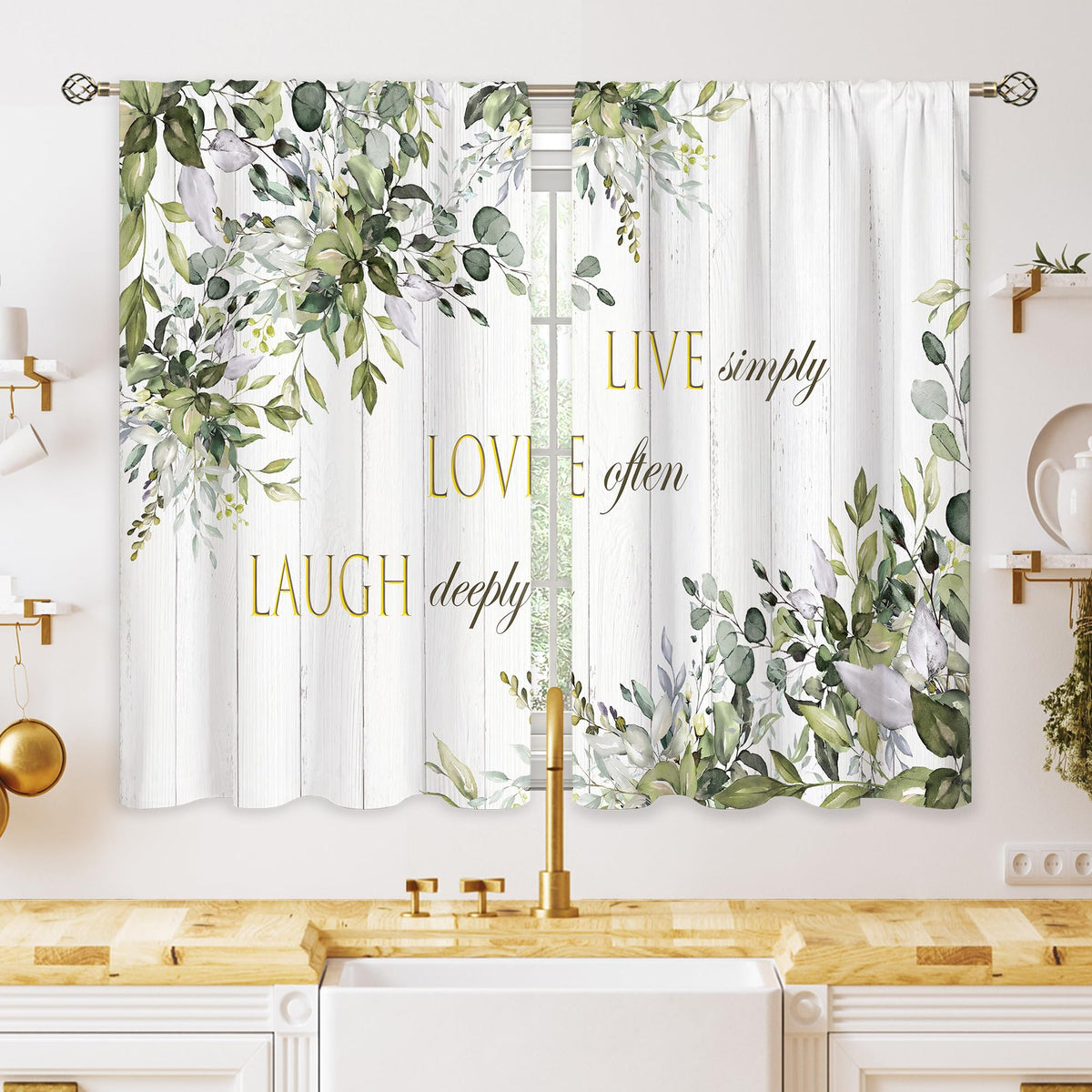 Green Boho Flower Small Kitchen Curtains Flower Plant Window Treatment Botanical Herb Chic Rod Pocket Cafe Short Window Curtains for Bathroom Dining Room Tier Treatment Drapes 27.5x39 inch