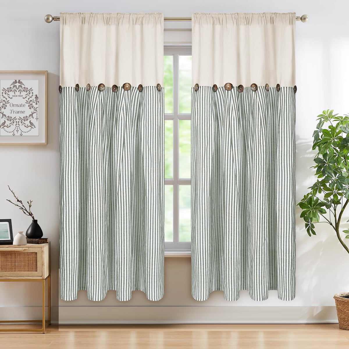 ASPMIZ Cotton Linen Kitchen Valance Curtains, Boho Rustic Button Linen Valances for Windows Farmhouse, Black with Grey Stripe Valance Window Topper Treatment Window Valances for Bathroom, 52 x 18 Inch