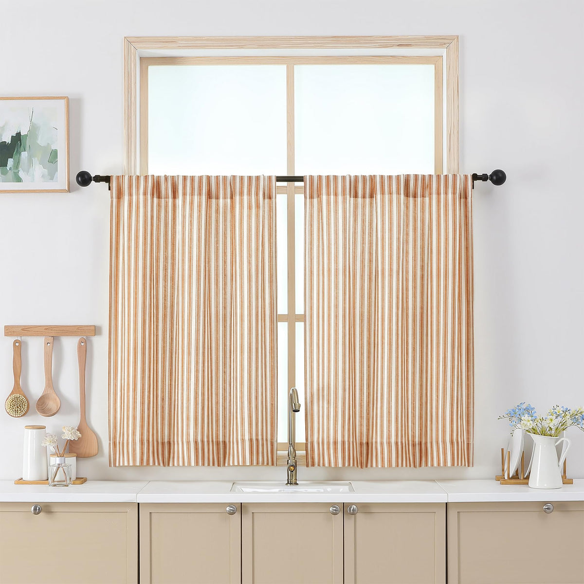 Chyhomenyc Striped Short Curtains 36 Inch Length - Light Filtering Faux Linen Living Room Tier Half Window Curtains, Farmhouse Modern Boho Curtain for Bathroom, 30Wx36L, 2 Pieces, Stone Blue