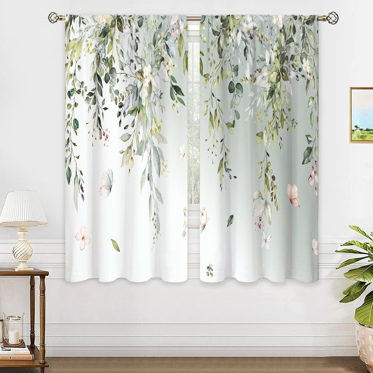Eucalyptus Botanical Leaves Floral Kitchen Window Curtains Over Sink Boho Farmhouse Flower Leaf Small Window Treatment Sage Green Cafe Short Curtains for Bathroom Tier Drapes 27.5x39 inch