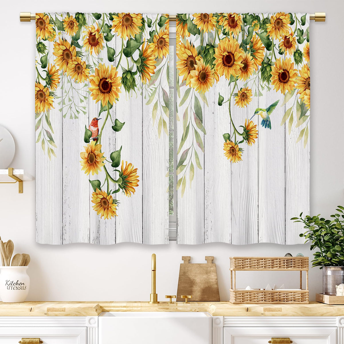 Teal Farmhouse Daisy Kitchen Curtains Wooden Flower Small Short Cafe Window Curtains Rustic Floral Butterfly Country Bathroom Drapes Treatment Tier Curtains 2 Panels (27.5x39 Inch)