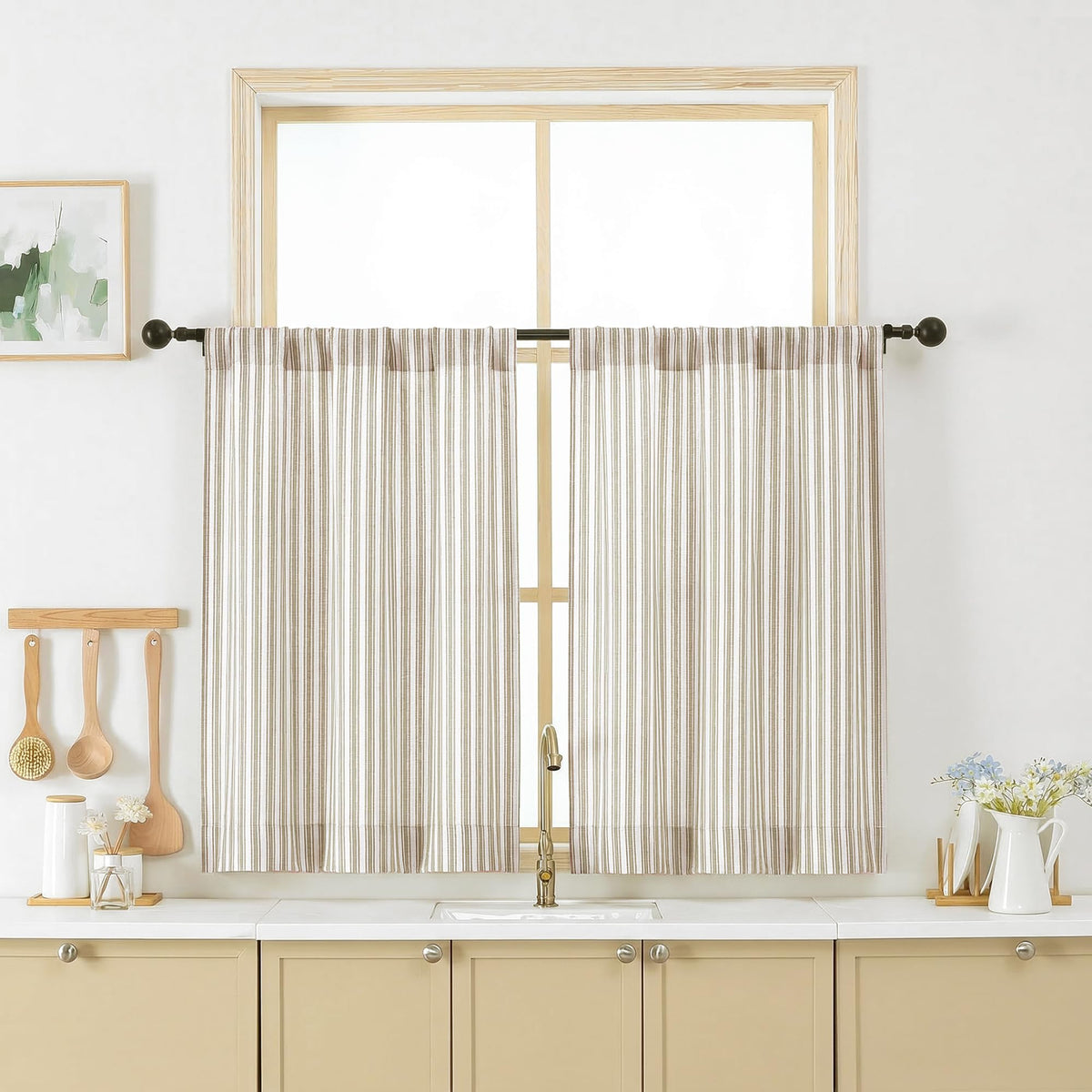 Chyhomenyc Striped Short Curtains 36 Inch Length - Light Filtering Faux Linen Living Room Tier Half Window Curtains, Farmhouse Modern Boho Curtain for Bathroom, 30Wx36L, 2 Pieces, Stone Blue