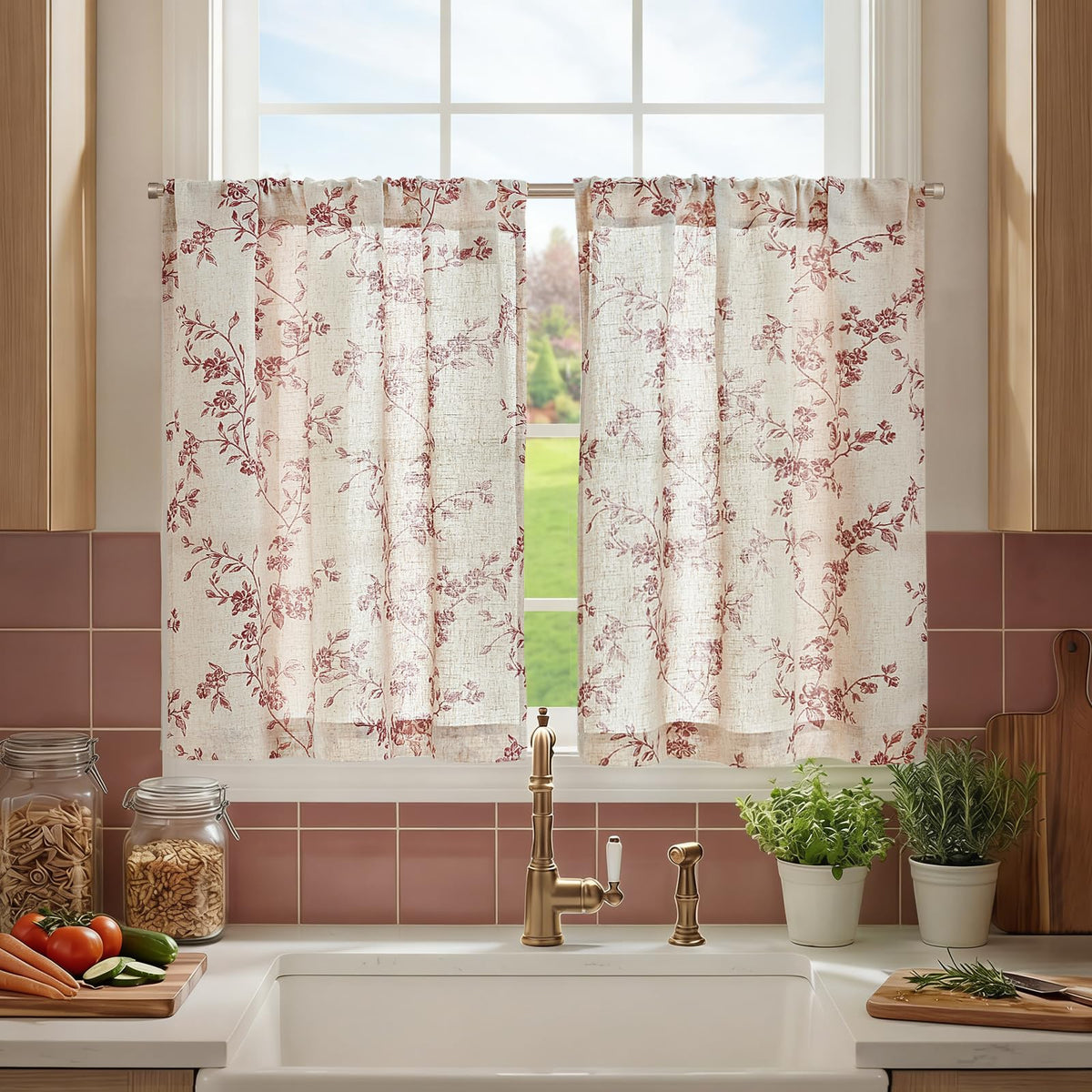 jinchan Floral Linen Kitchen Tier Curtains, 36 Inch, 2 Panels, Taupe