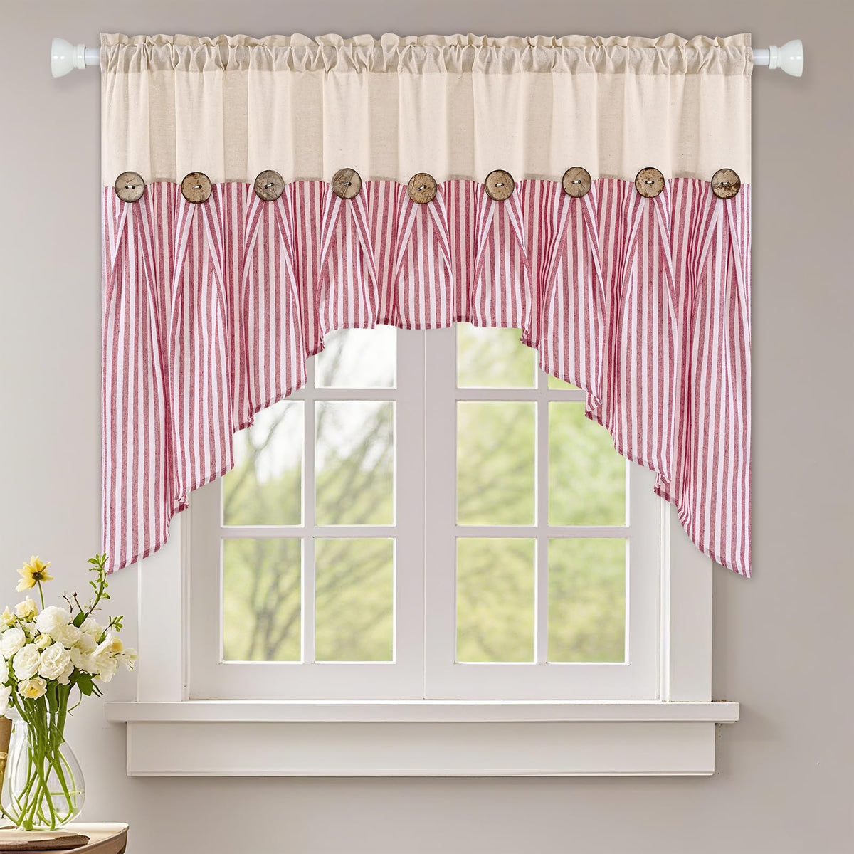 ASPMIZ Cotton Linen Kitchen Valance Curtains, Boho Rustic Button Linen Valances for Windows Farmhouse, Black with Grey Stripe Valance Window Topper Treatment Window Valances for Bathroom, 52 x 18 Inch
