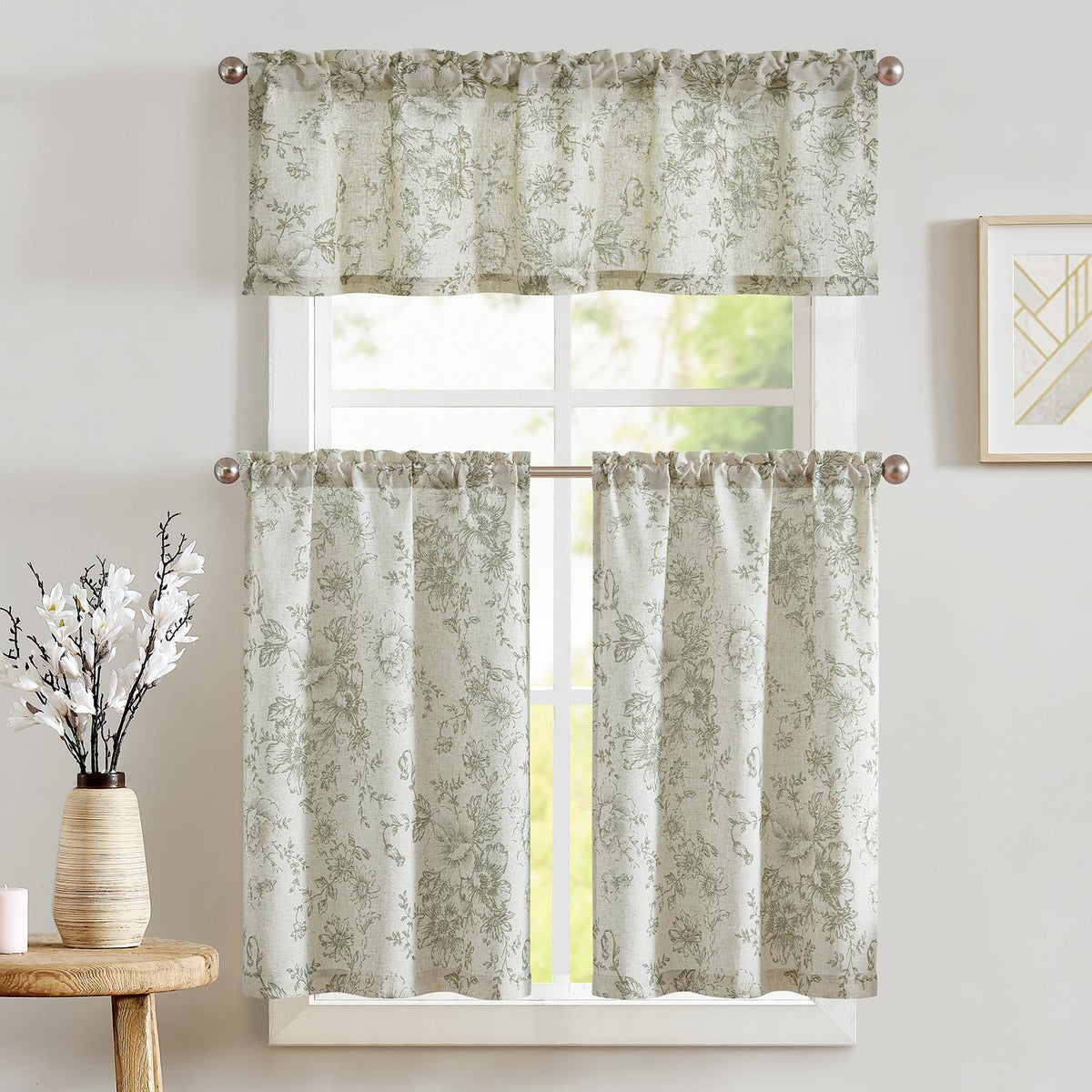 jinchan Green Linen Floral Kitchen Tier Curtains and Valance Set 3 Pieces