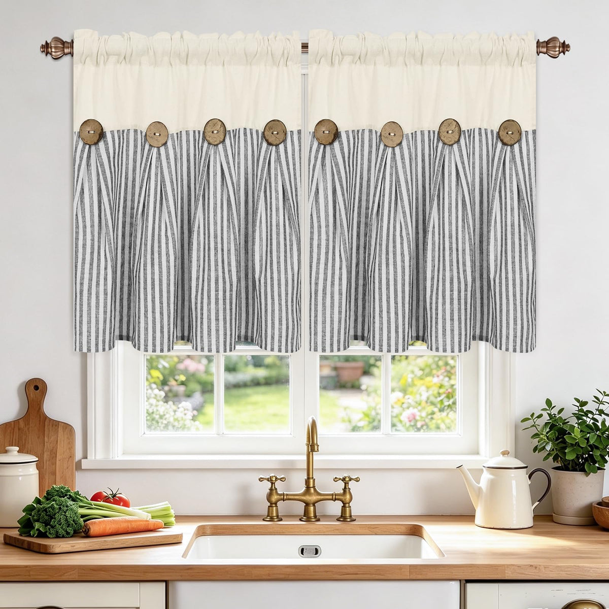 BLEUM CADE Farmhouse Kitchen Curtains 36 Inch, Cotton Linen Cafe Curtains with Rustic Buttons, Boho Small Window Curtains for Bathroom, Green Stripe Half Window Drapes Over Sink, 2 Panels
