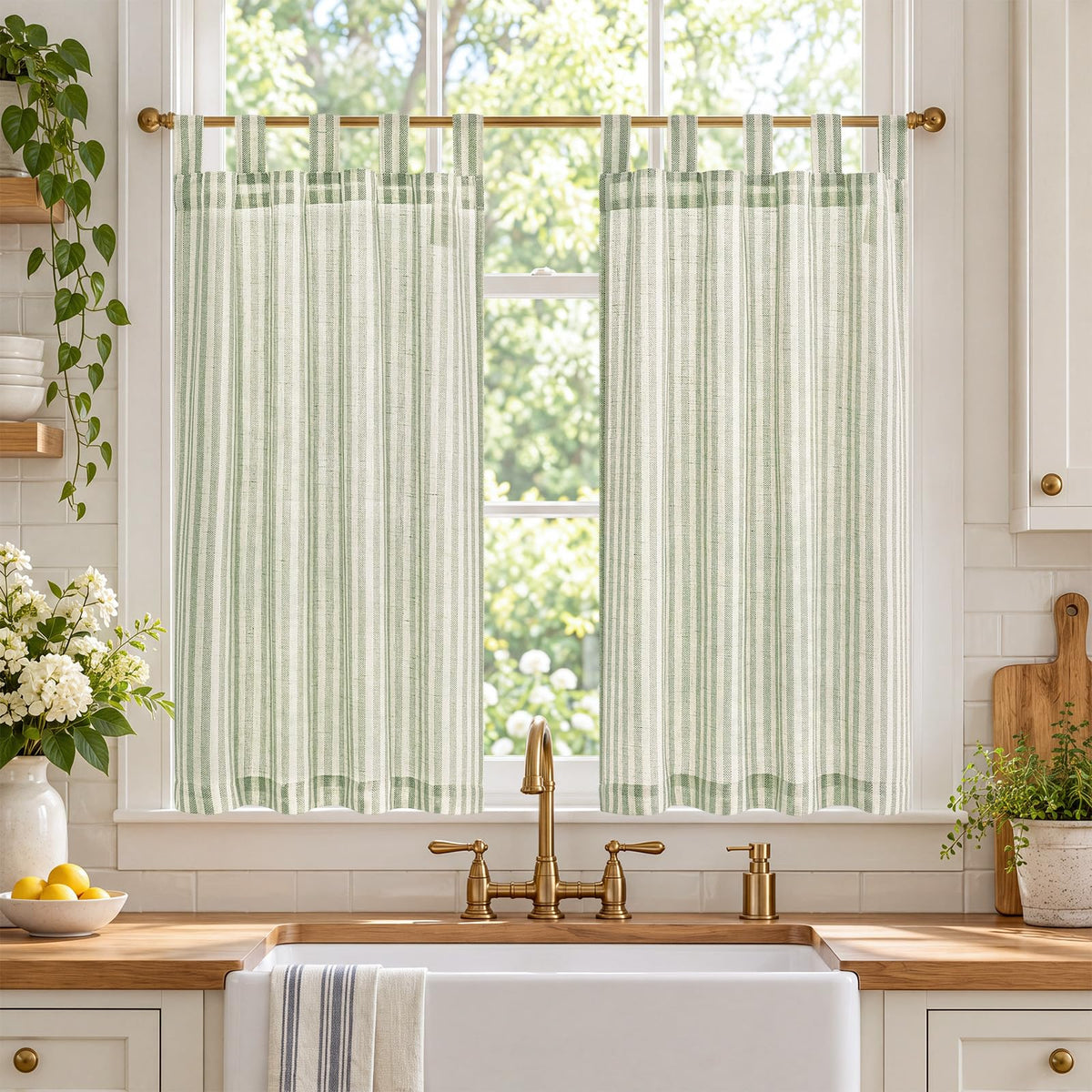 jinchan Striped Linen Kitchen Tier Curtains, 30 Inch, Sage Green, 2 Panels