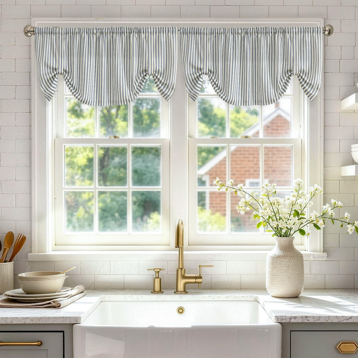 jinchan Linen Boxter Stripe Valances for Window 16 inch,Sage Green,1 Panel