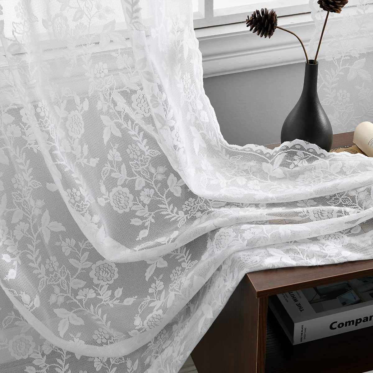 FINECITY Short Beige Lace Curtains Rustic Leaf Floral W42xL36 Inch 2 Panels
