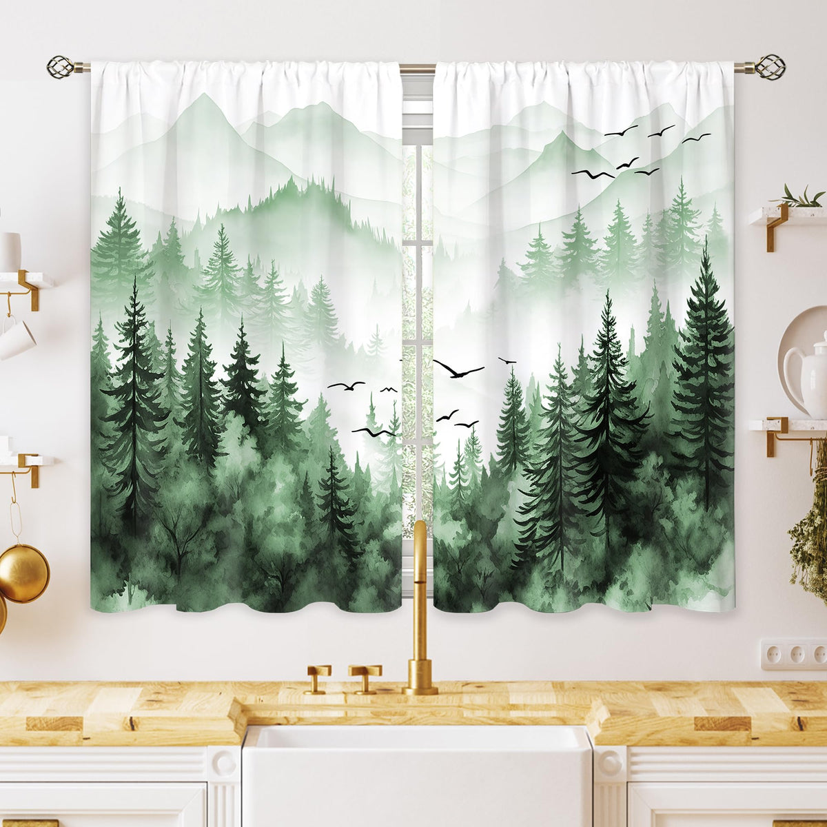 Green Boho Flower Small Kitchen Curtains Flower Plant Window Treatment Botanical Herb Chic Rod Pocket Cafe Short Window Curtains for Bathroom Dining Room Tier Treatment Drapes 27.5x39 inch