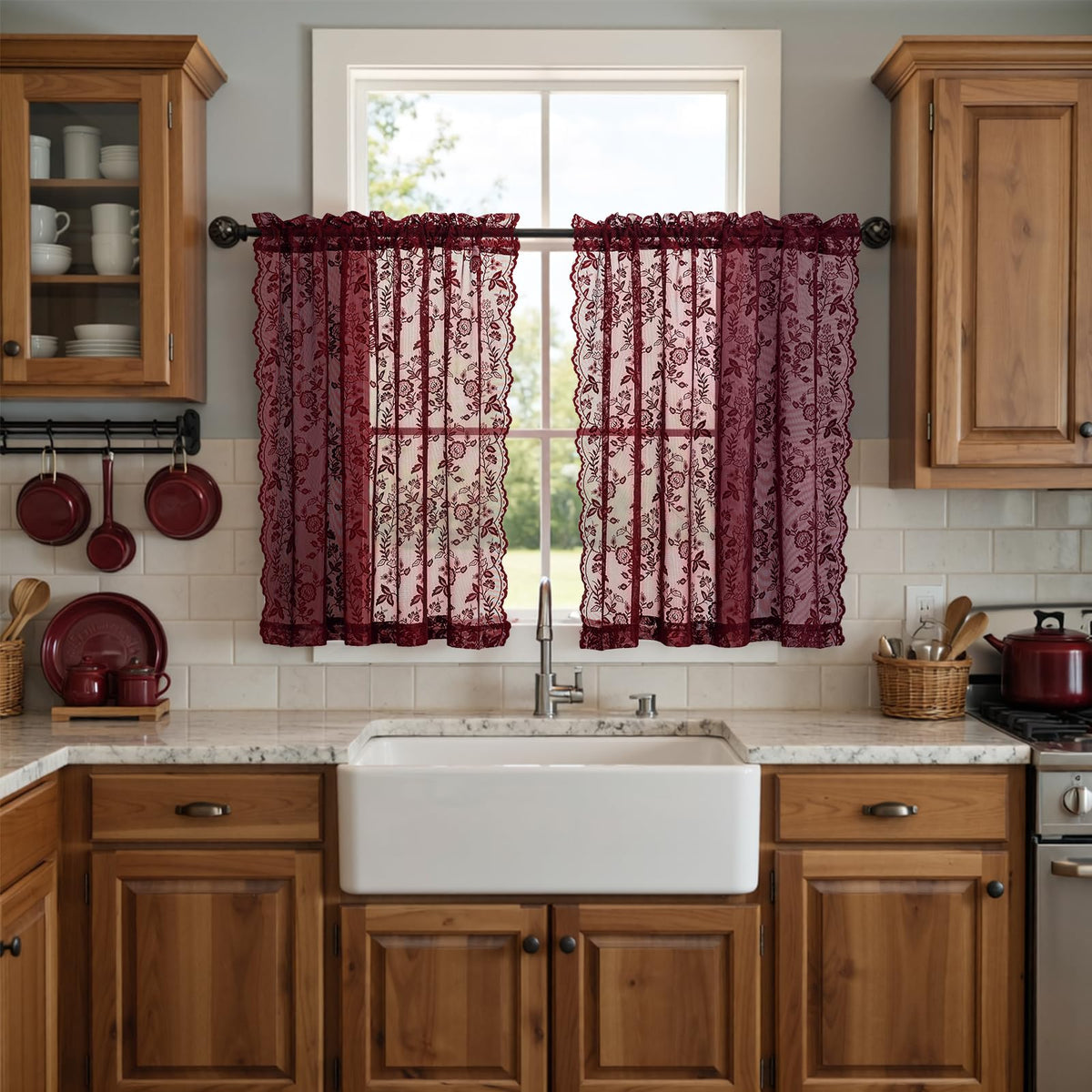 FINECITY Short Beige Lace Curtains Rustic Leaf Floral W42xL36 Inch 2 Panels