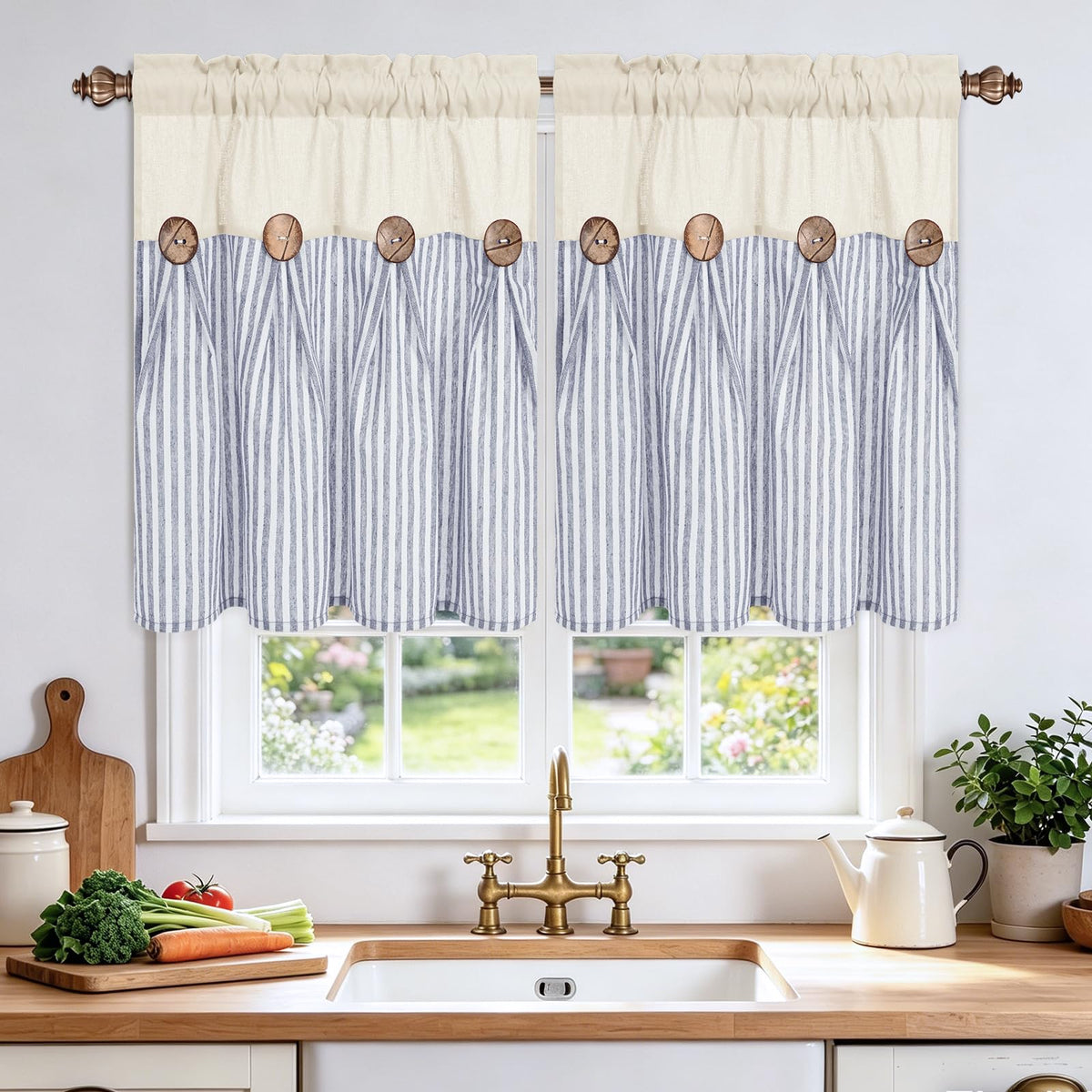 BLEUM CADE Farmhouse Kitchen Curtains 36 Inch, Cotton Linen Cafe Curtains with Rustic Buttons, Boho Small Window Curtains for Bathroom, Green Stripe Half Window Drapes Over Sink, 2 Panels