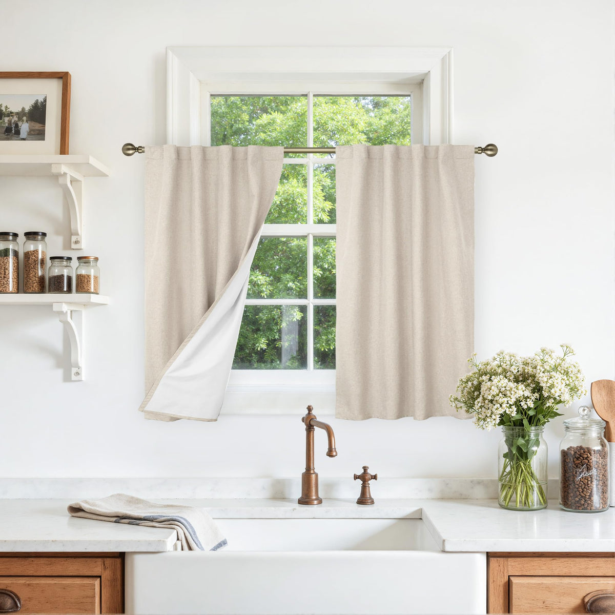 LAMIT Full Blackout Linen Kitchen Window Curtains 36 Inches Long, Ivory