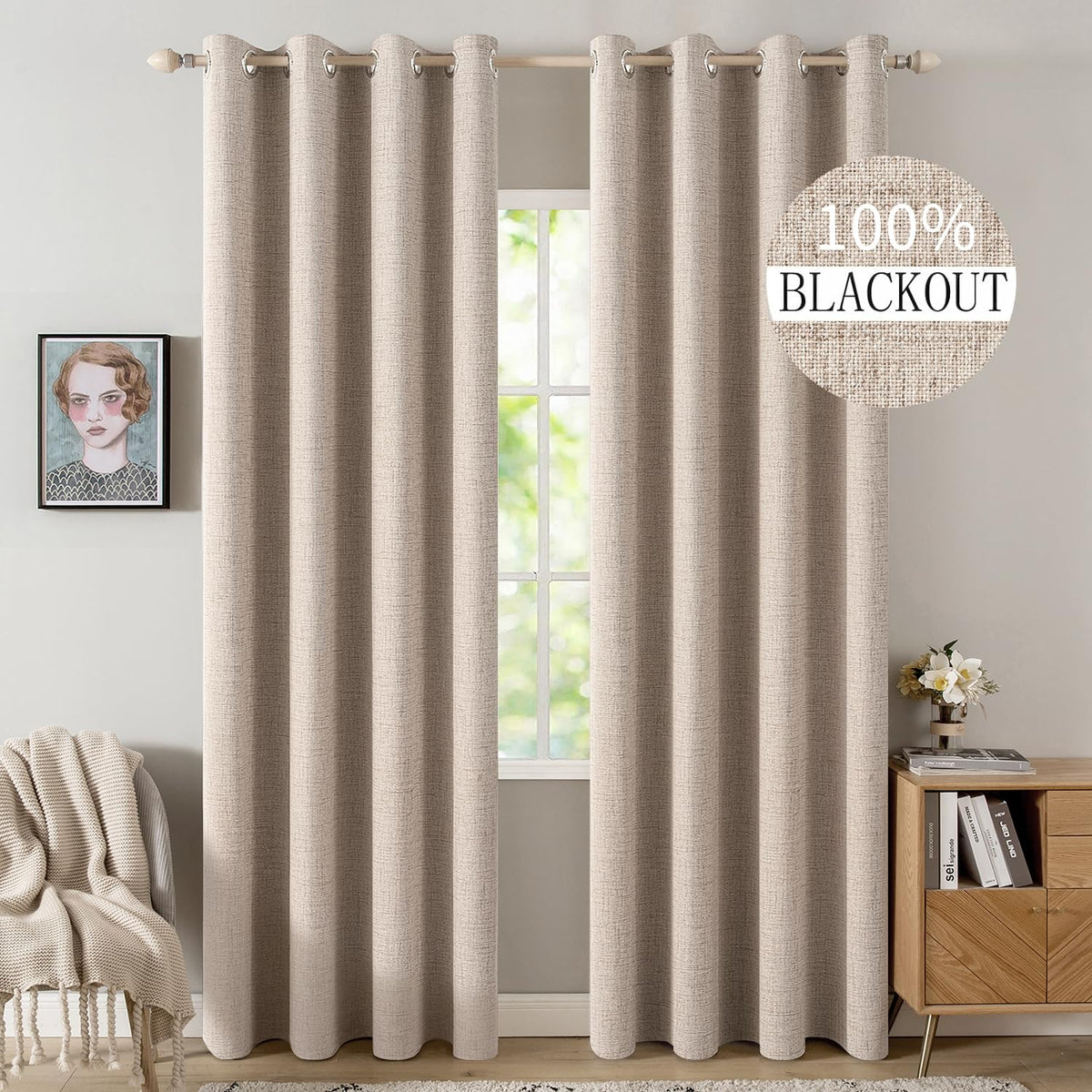 MIULEE 100% Blackout Linen Curtains for Bedroom 52x54 Inches Natural Beige