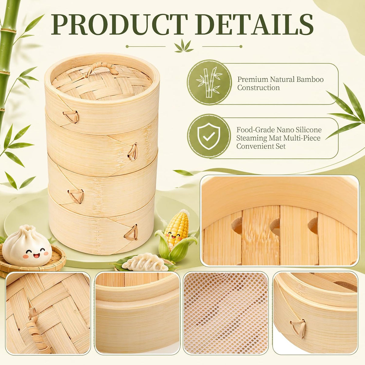 20 Pcs 4 Inch Bamboo Steamer Basket Set for Cooked Meals