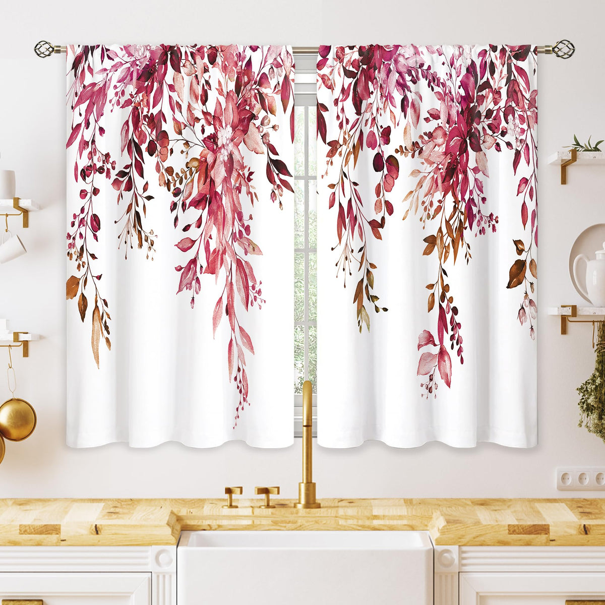 Eucalyptus Botanical Leaves Floral Kitchen Window Curtains Over Sink Boho Farmhouse Flower Leaf Small Window Treatment Sage Green Cafe Short Curtains for Bathroom Tier Drapes 27.5x39 inch