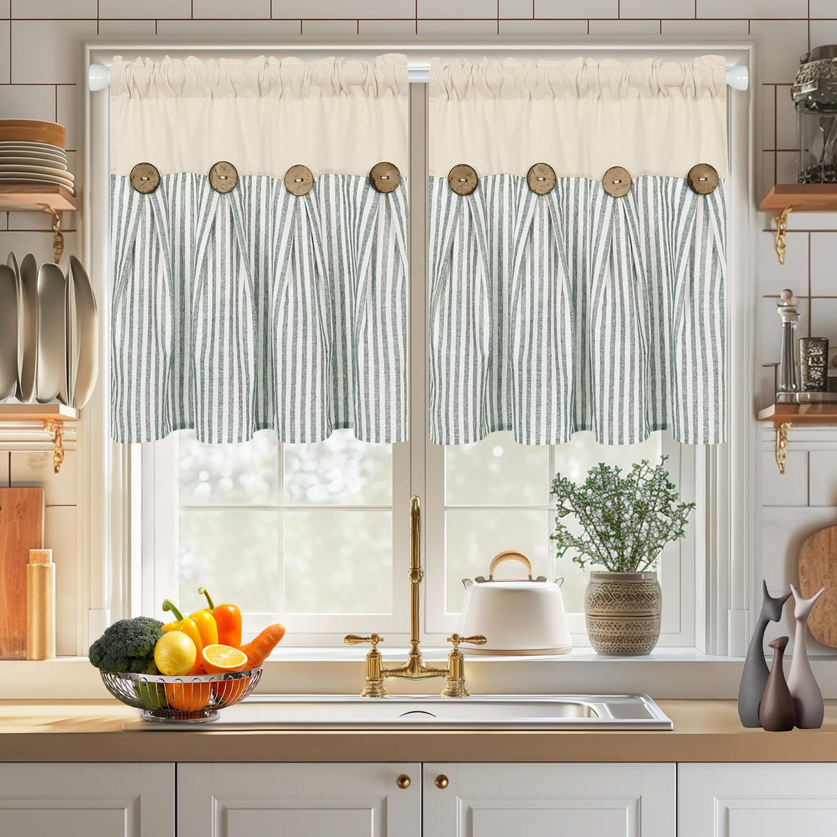 ASPMIZ Cotton Linen Kitchen Valance Curtains, Boho Rustic Button Linen Valances for Windows Farmhouse, Black with Grey Stripe Valance Window Topper Treatment Window Valances for Bathroom, 52 x 18 Inch