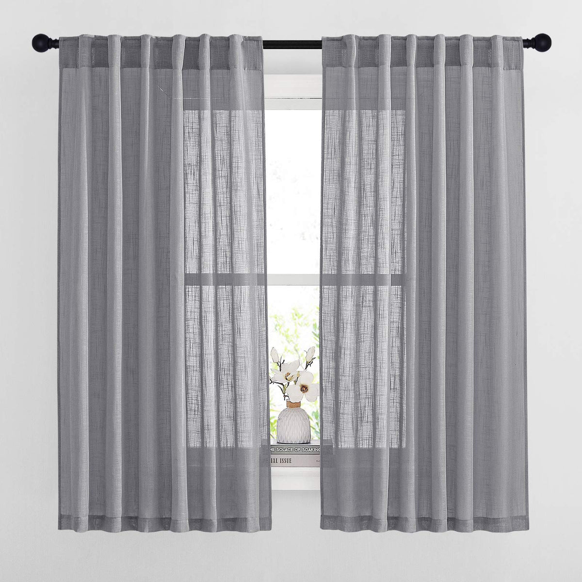 NICETOWN Natural Linen Kitchen Curtains 26 inches Long, Rod Pocket & Back Tab Semi Sheer Flax Window Treatments Rustic & Cute for Cafe/Kids Room, W37 x L26, 2 Panels