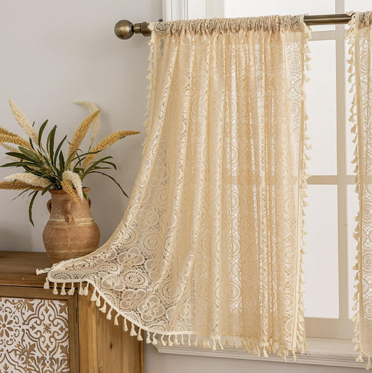 YJ YANJUN Boho Lace Curtains 36 inch Length 2 Panels, Vintage Floral Crochet Sheer Panels with Tassel for Laundry Room Basement Short Bohemian Kitchen Window Curtains Over Sink Beige W59 x L36