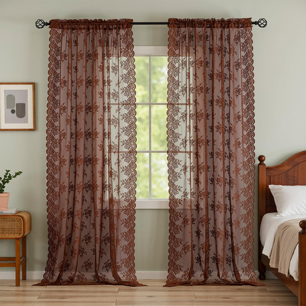 Kotile Short Beige Lace Curtains for Kitchen Windows W42xL45 Inch, 2 Panels