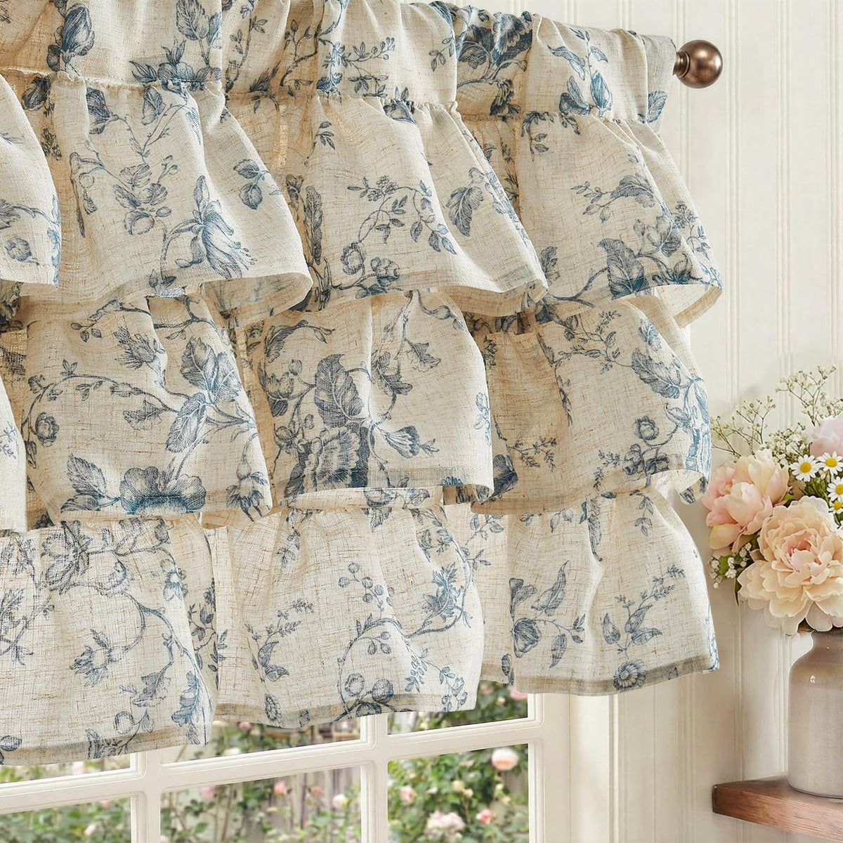 jinchan Alisa Ruffled Floral Valance Curtain 18 Inch 1 Panel Taupe on Linen