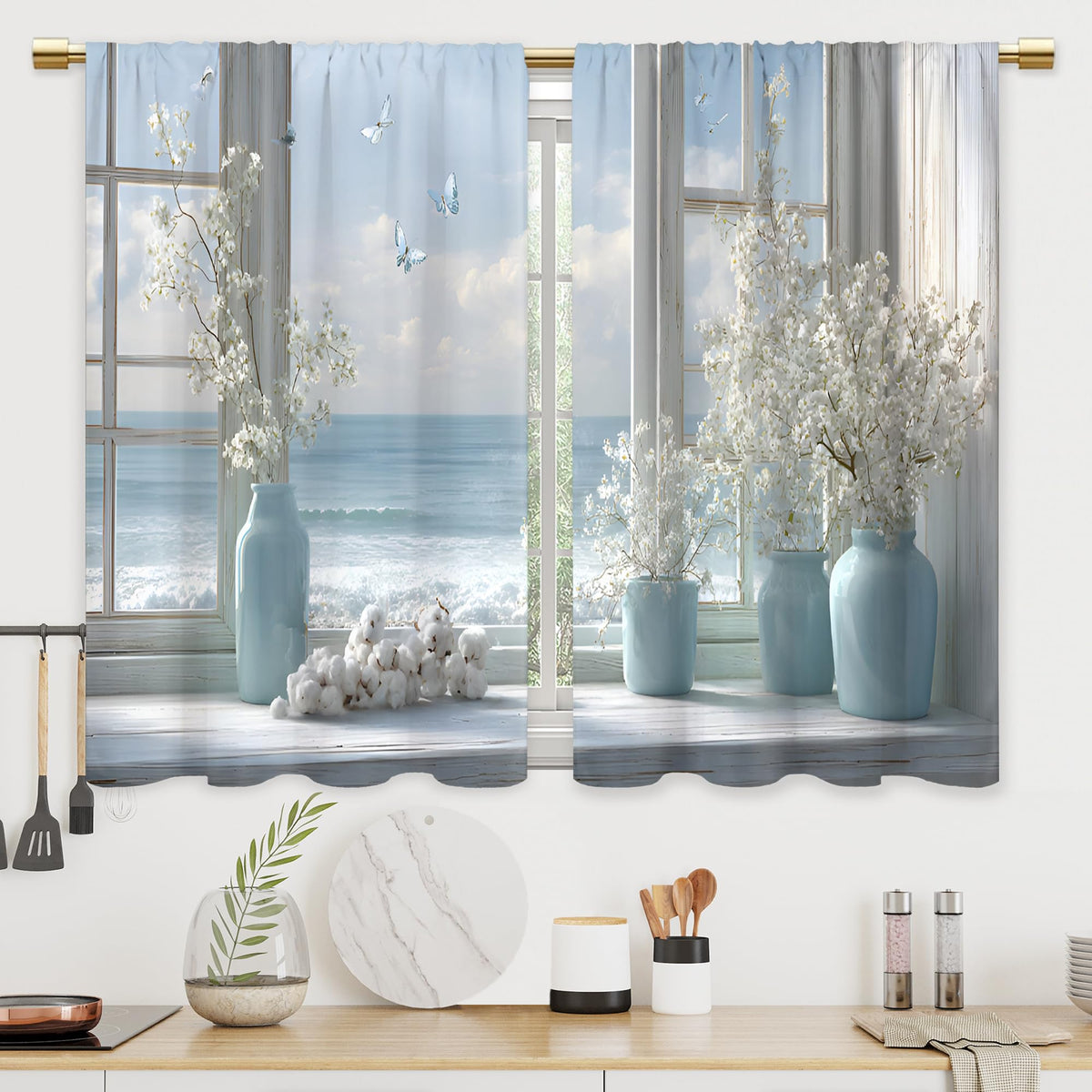 Colorful Leaves Kitchen Curtains Boho Botanical Bathroom Curtains Window Treatment Drapes Tier Flower Floral Cafe Small Bedroom Short French Door Curtains Rod Pocket 2 Panels 27.5x39 Inch