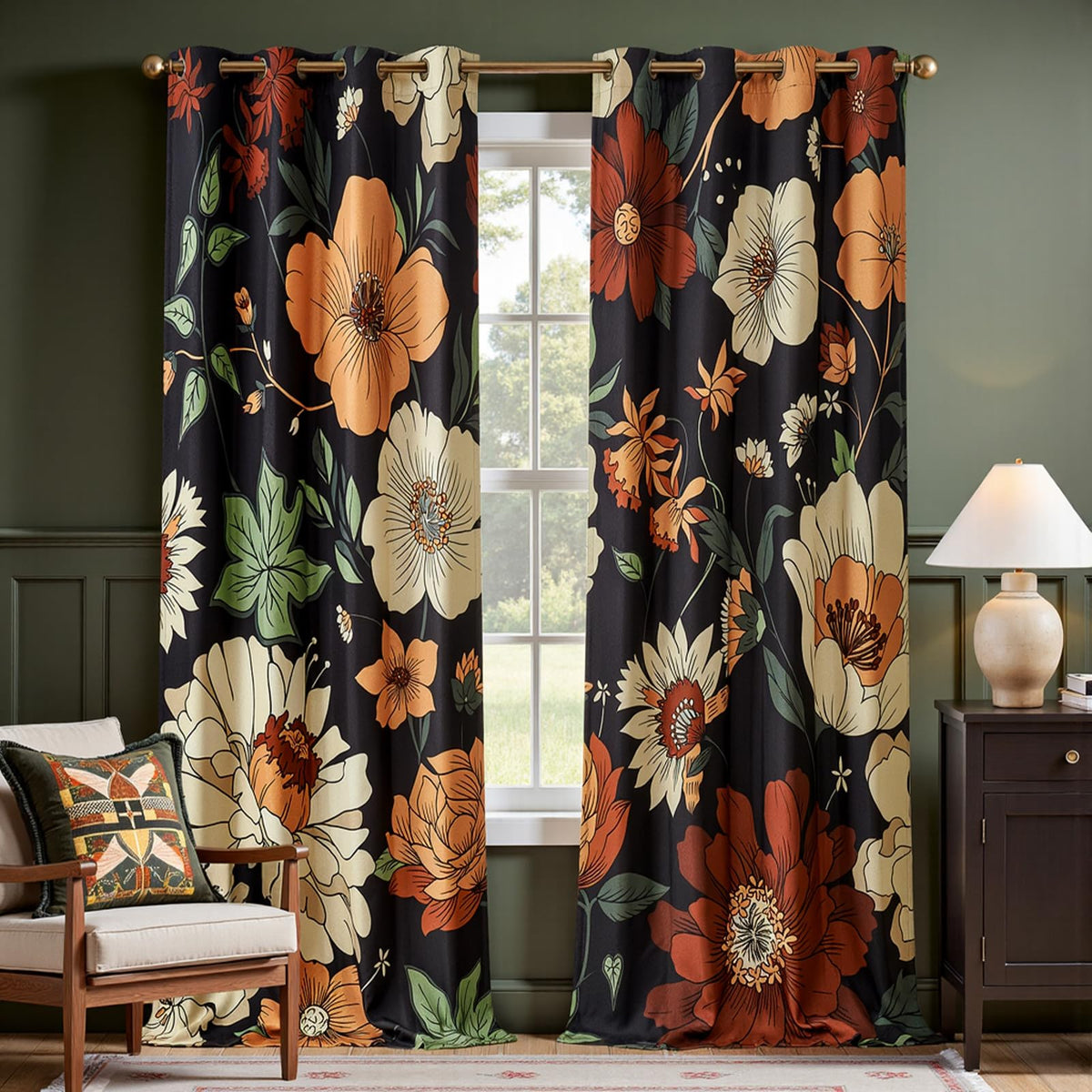 jinchan Black Boho Floral Blackout Curtains 84 Inch Grommet 2 Panels