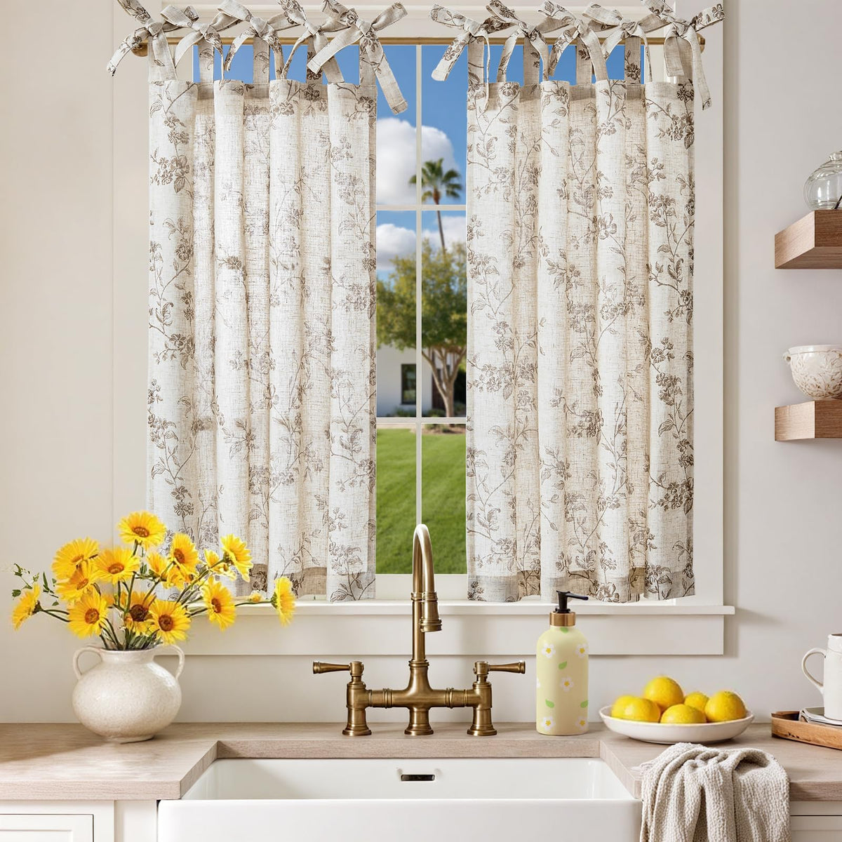 jinchan Solid Linen Kitchen Tier Curtains 24 Inches Tie Top 2 Panles Crude