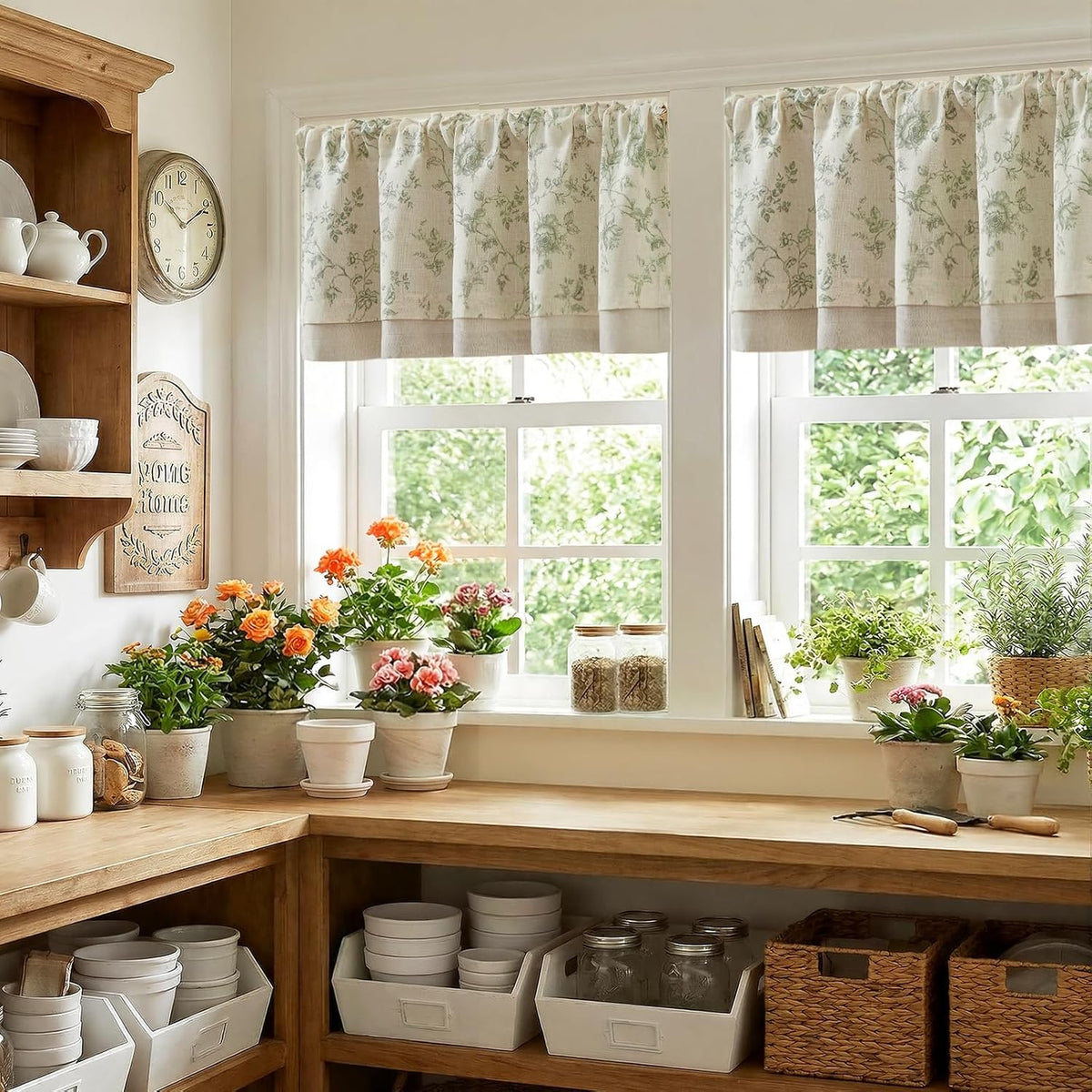 jinchan Amlie Floral Linen Valance Curtain Farmhouse 1 Panel 16 Inch Green