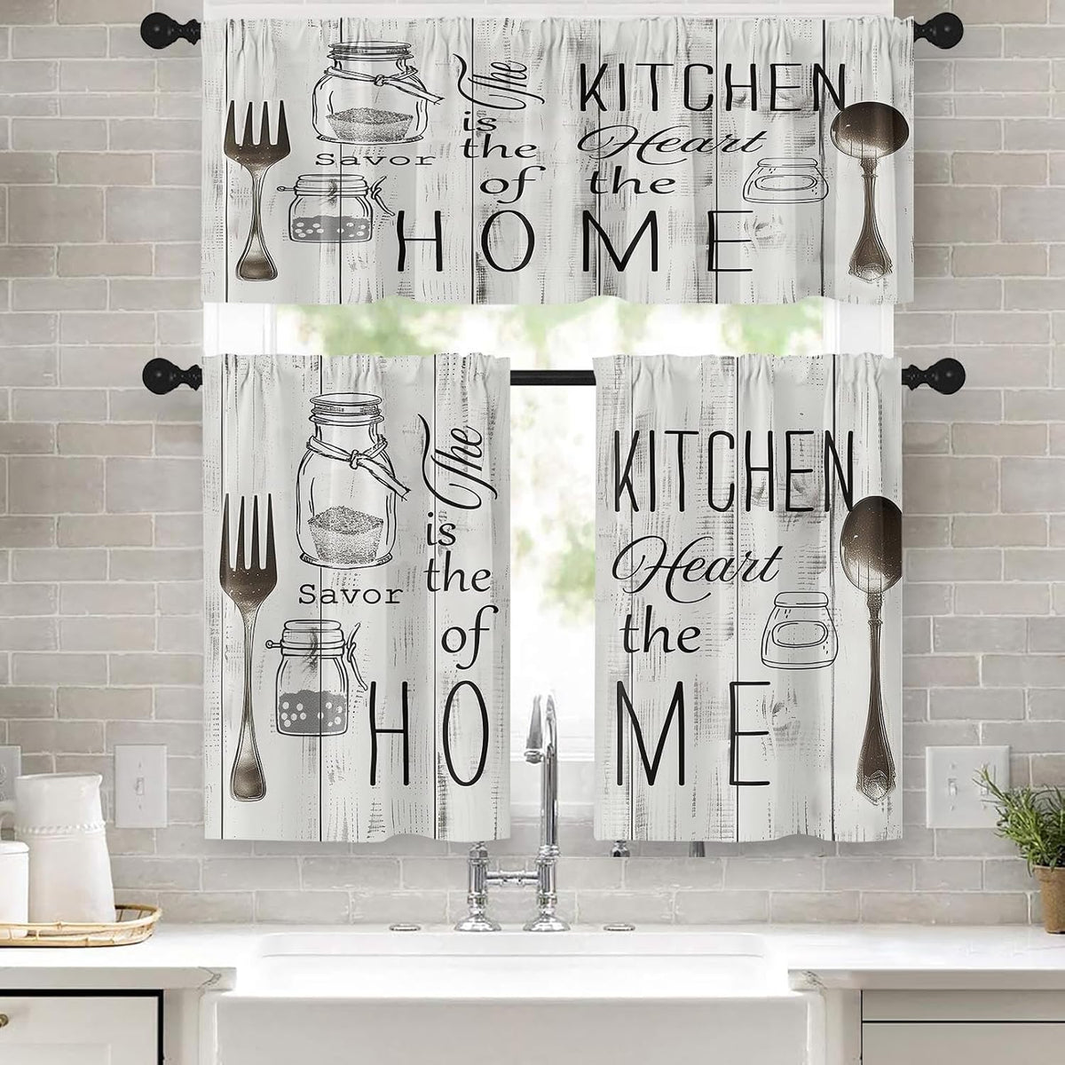 Emvency Kitchen Curtains Sets for Windows 52x36 Inch 3 Pack Farmhouse Wood