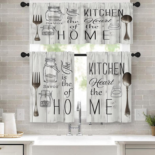Emvency Kitchen Curtains Sets for Windows 52x36 Inch 3 Pack Farmhouse Wood