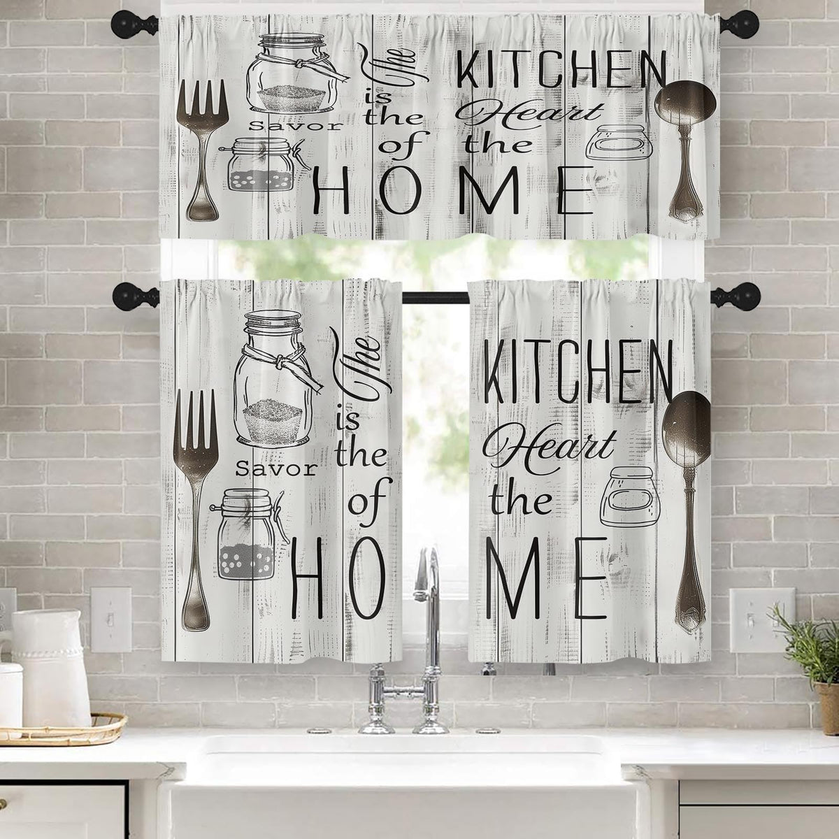 Emvency Kitchen Curtains Sets for Windows 52x36 Inch 3 Pack Farmhouse Wood