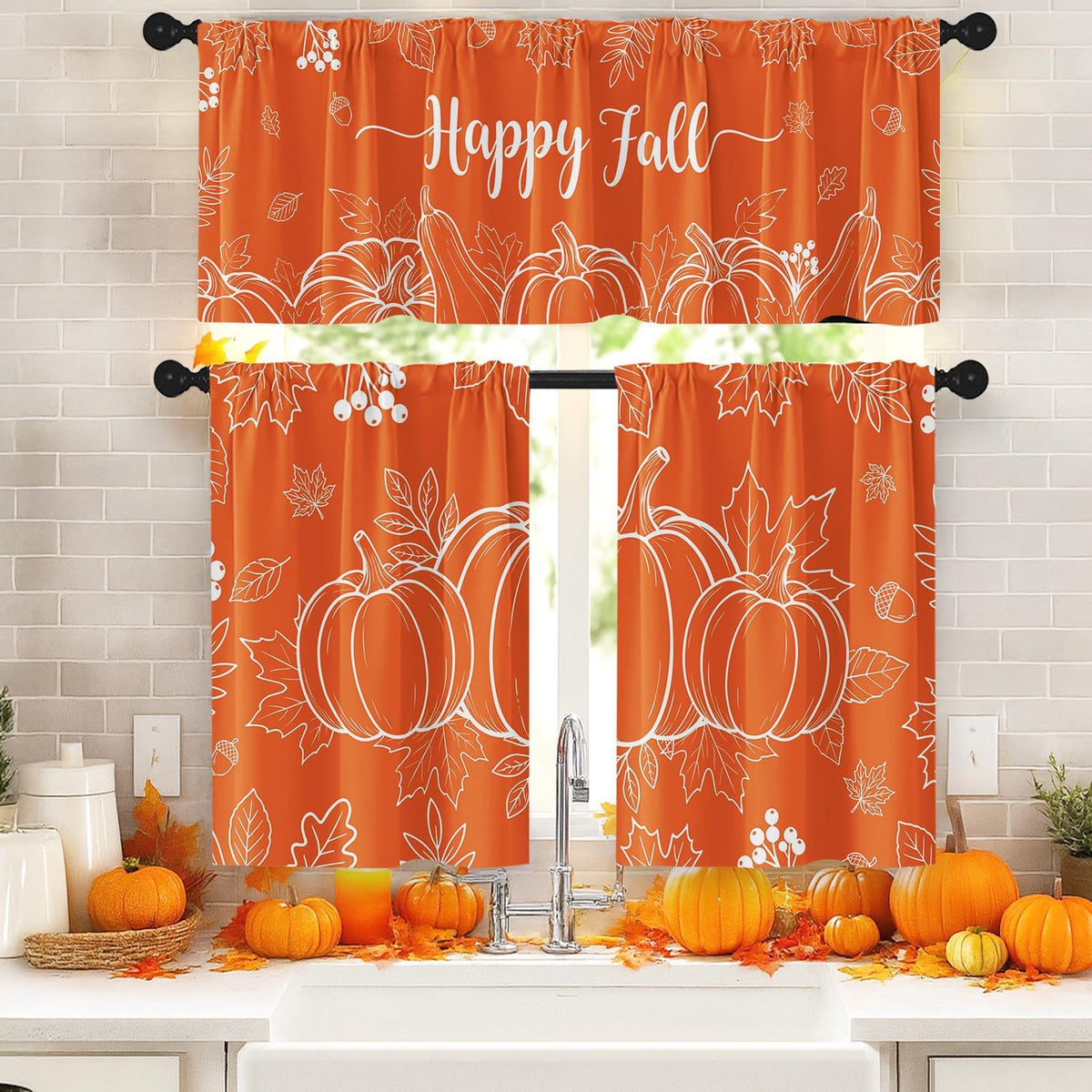 Arttown Fall Kitchen Curtains Sets for Windows, Pumpkin, 52x36 Inch