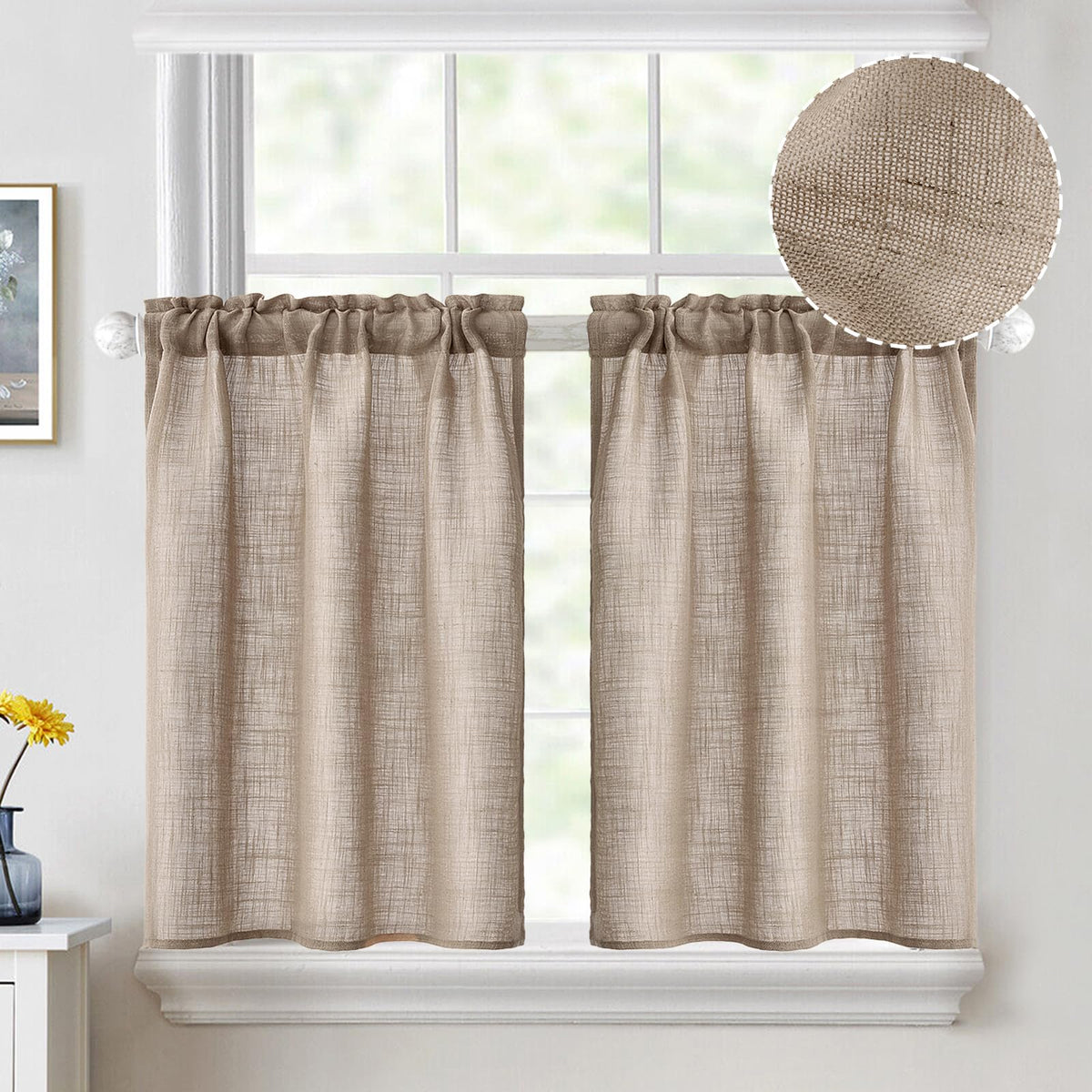 MIULEE Spring Linen Textured Kitchen Window Curtains over Sink 24 Inch Length Semi Sheer Farmhouse Small Curtains for Cafe Bathroom Basement, Short Rod Pocket Tier Curtains 2 Panels W26XL24 Sage Green
