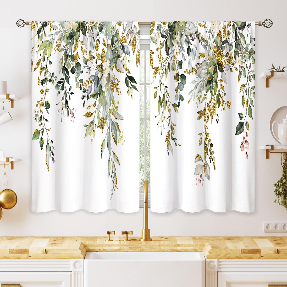 Eucalyptus Botanical Leaves Floral Kitchen Window Curtains Over Sink Boho Farmhouse Flower Leaf Small Window Treatment Sage Green Cafe Short Curtains for Bathroom Tier Drapes 27.5x39 inch