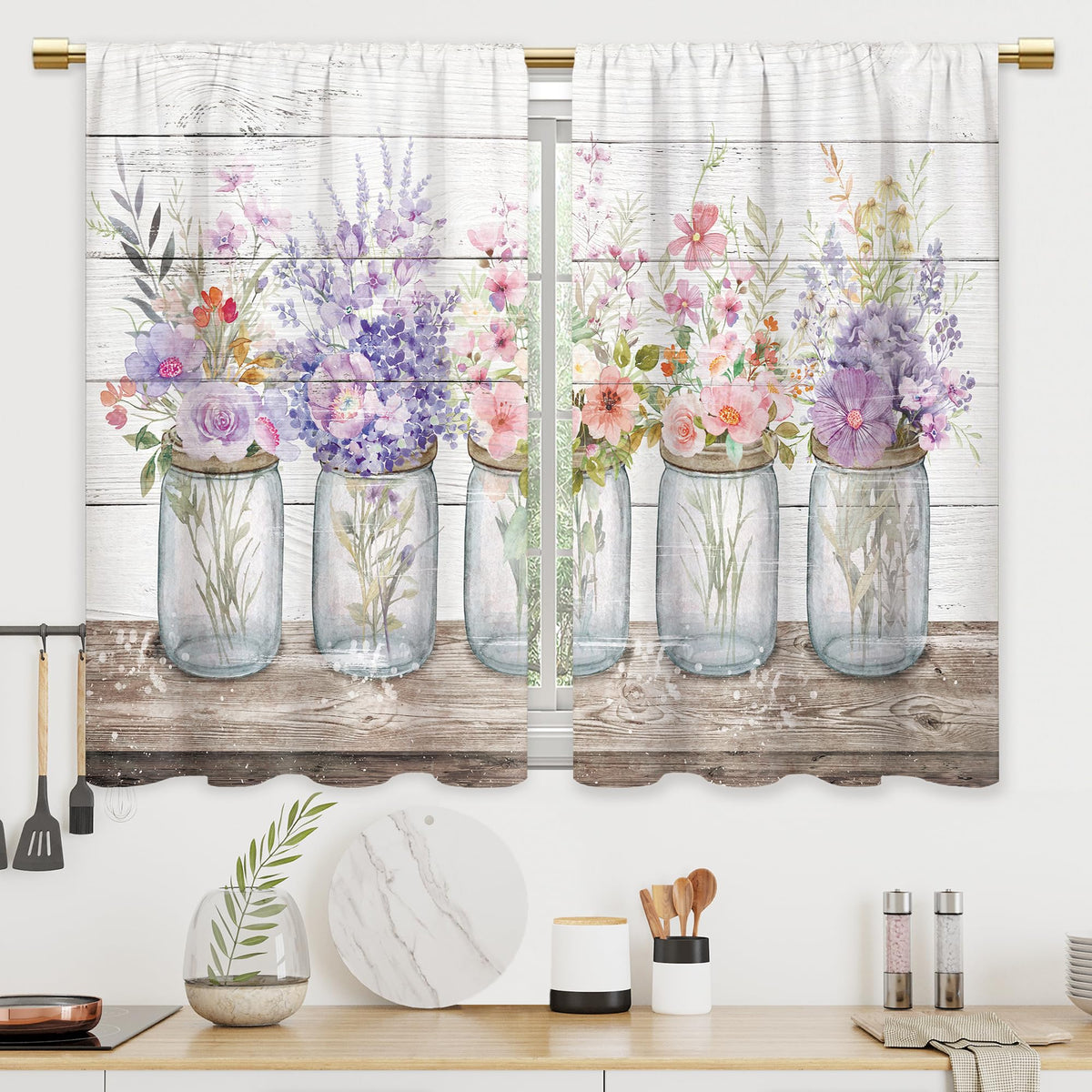 Colorful Leaves Kitchen Curtains Boho Botanical Bathroom Curtains Window Treatment Drapes Tier Flower Floral Cafe Small Bedroom Short French Door Curtains Rod Pocket 2 Panels 27.5x39 Inch