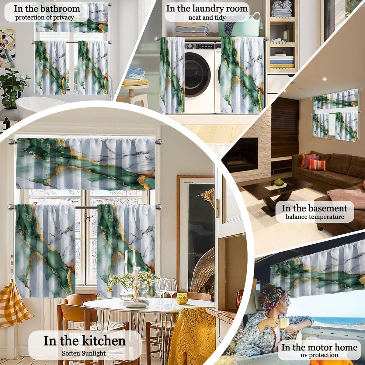 Kitchen Curtains Sets for Windows,52x36 Inch 3 Piece,Green Marble