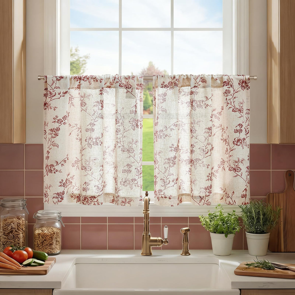 jinchan Floral Linen Kitchen Tier Curtains, 36 Inch, 2 Panels, Taupe