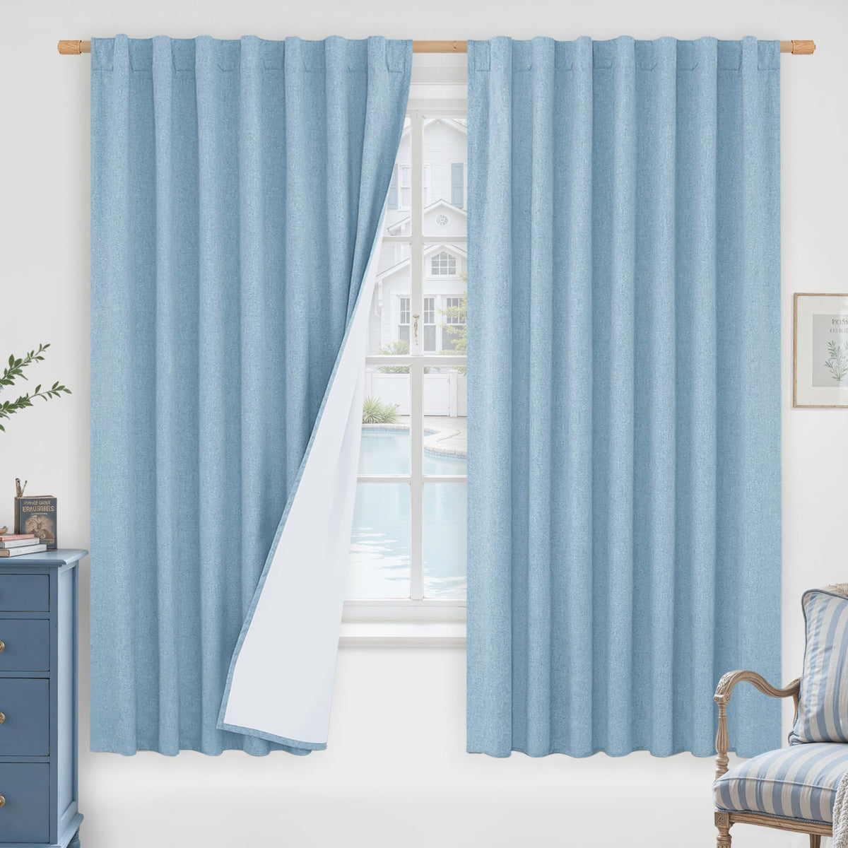 LAMIT Full Blackout Linen Kitchen Window Curtains 36 Inches Long, Ivory