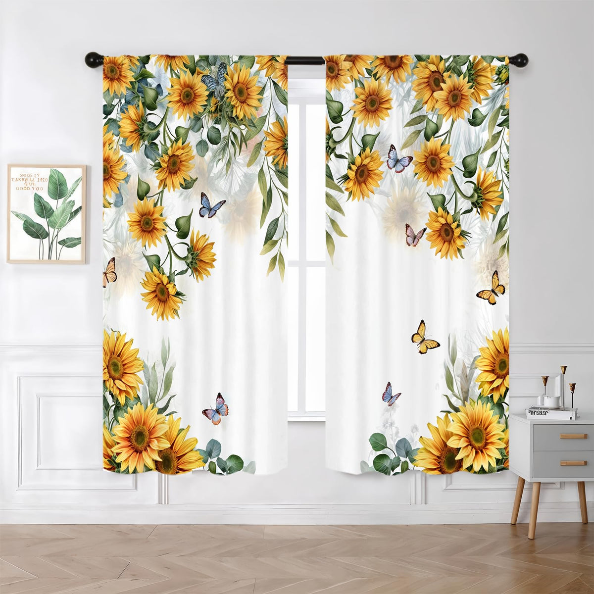 Yellow Sunflower Kitchen Curtains 42W X 63L Inch 2 Panels Rod Pocket Country Rustic Floral Flower Butterfly Farmhouse Over Sink Small Short Cafe Tier Window Treatment Bathroom Decor